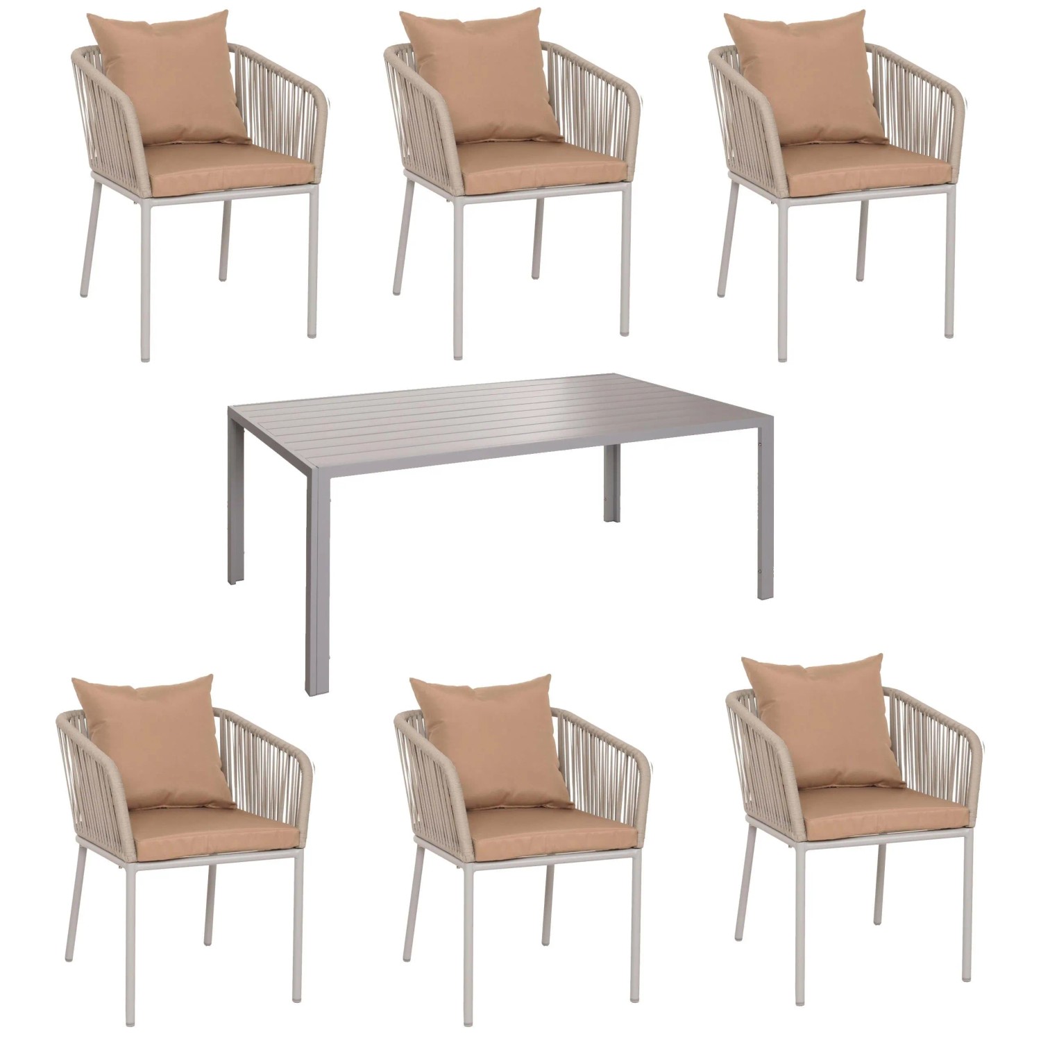 PROREGAL Gartengarnitur Tisch+6xStuhl Wetterfest Alu 180x80cm Seilgeflecht Rope Grau Kissen Taupe