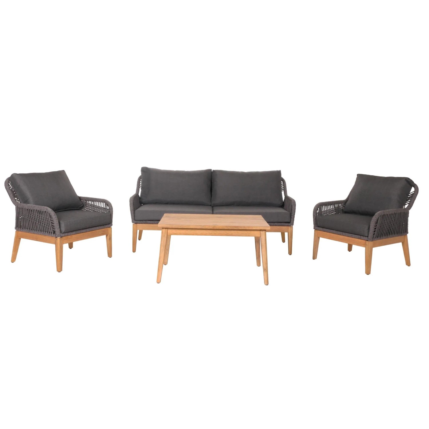 PROREGAL Gartengarnitur Lounge-Set Gartenlounge Sofa Sessel Tisch Seilgeflecht Rope Holz Akazie Dunkelgrau