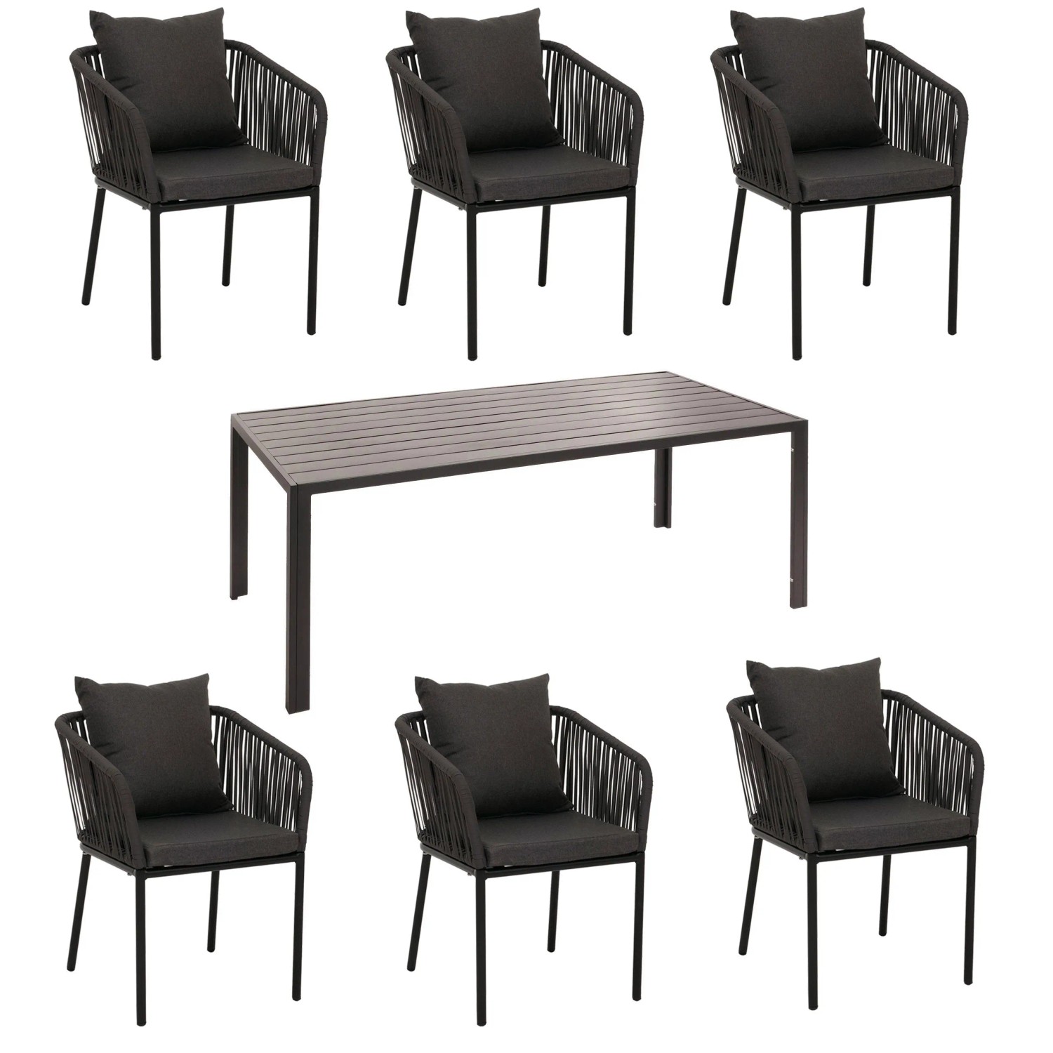 PROREGAL Gartengarnitur Tisch+6xStuhl Wetterfest Alu 180x80cm Seilgeflecht Rope Anthrazit Kissen Dunkelgrau
