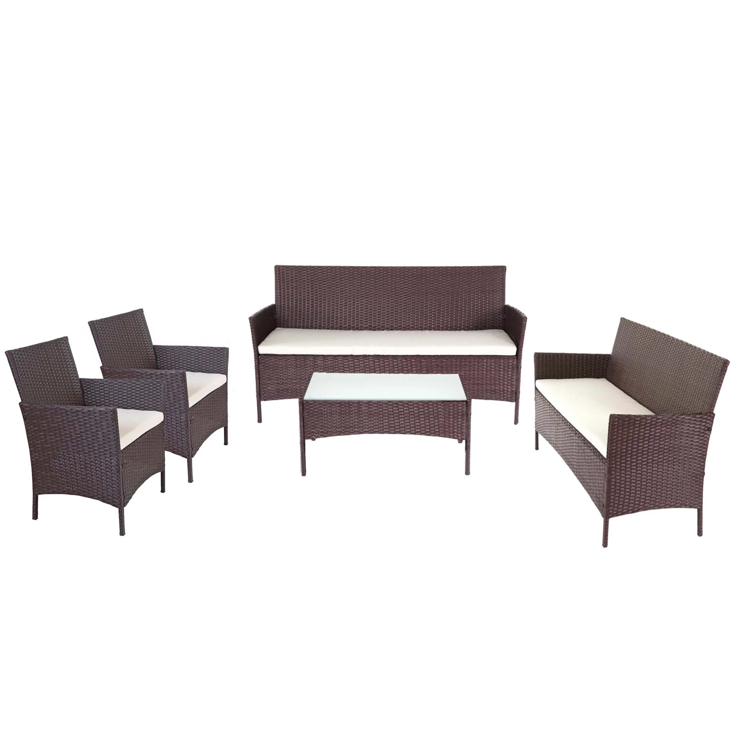 PROREGAL 3-2-1-1 Poly-Rattan Garten-Garnitur Lounge-Set Sitzgruppe Sofa Braun-Meliert Kissen Creme