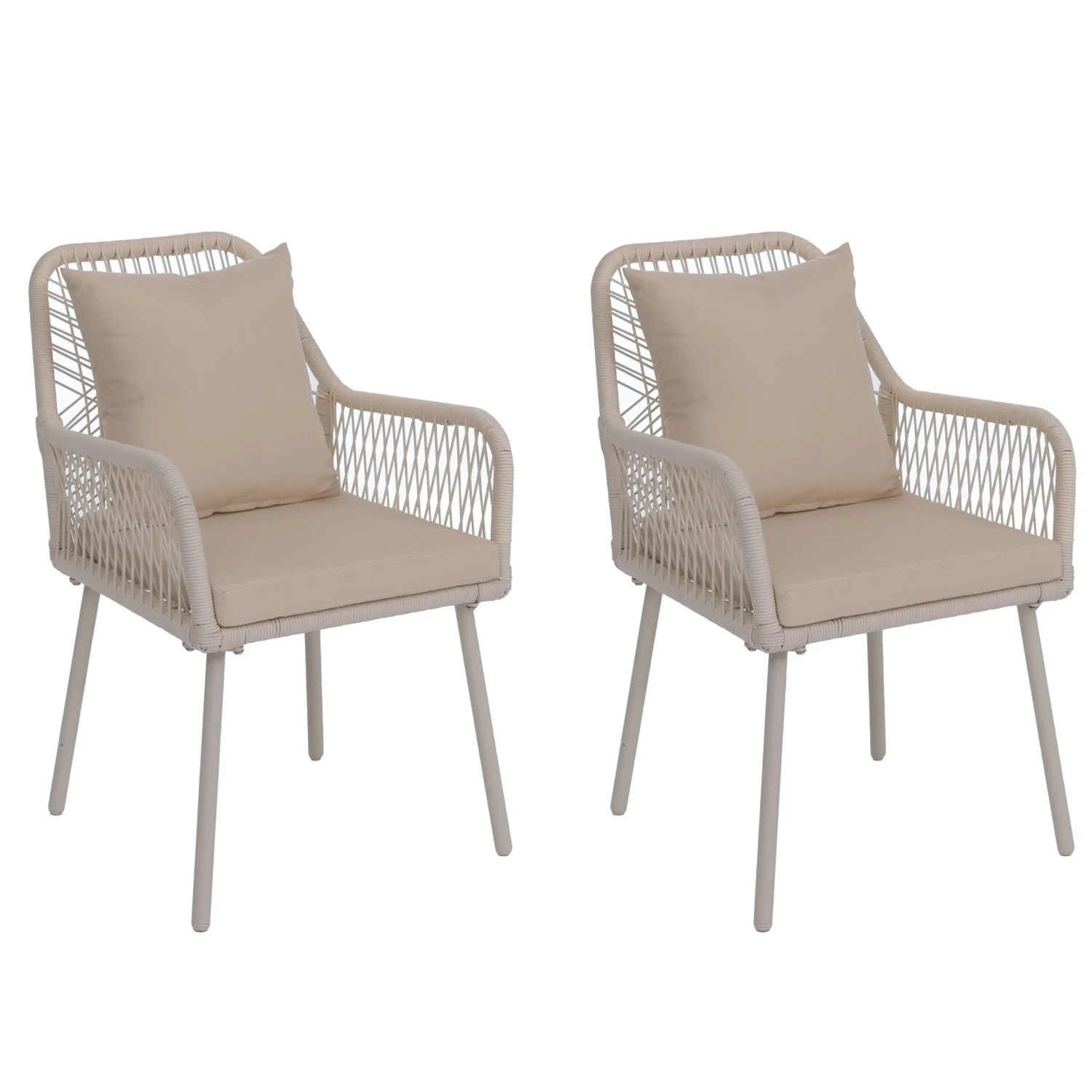PROREGAL 2er-Set Gartenstuhl HxBxT 81x54x62cm Outdoor Sitz-/Rückenpolster Aluminium Seilgeflecht Rope Creme Bezug Creme