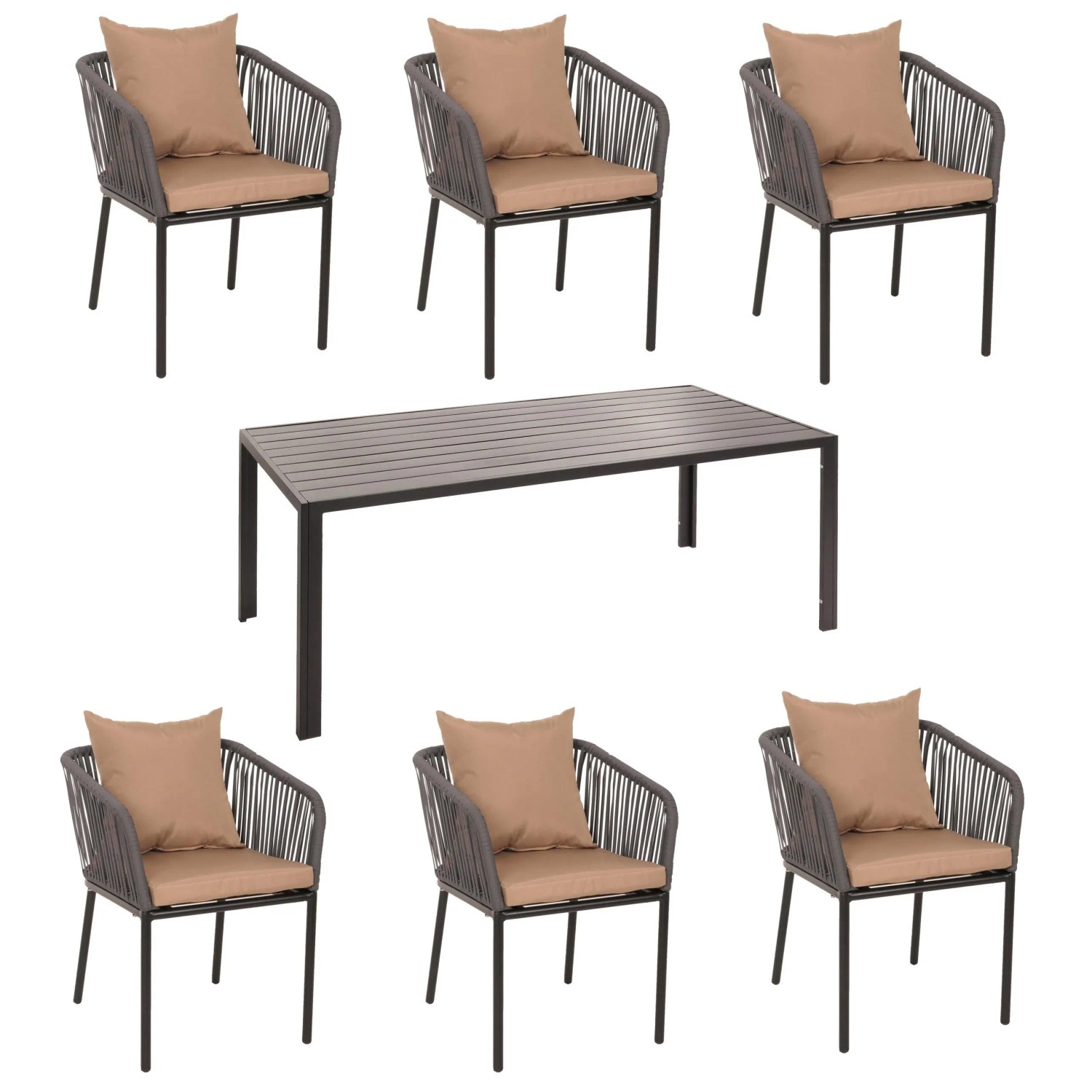 PROREGAL Gartengarnitur Tisch+6xStuhl Wetterfest Alu 180x80cm Seilgeflecht Rope Anthrazit Kissen Taupe