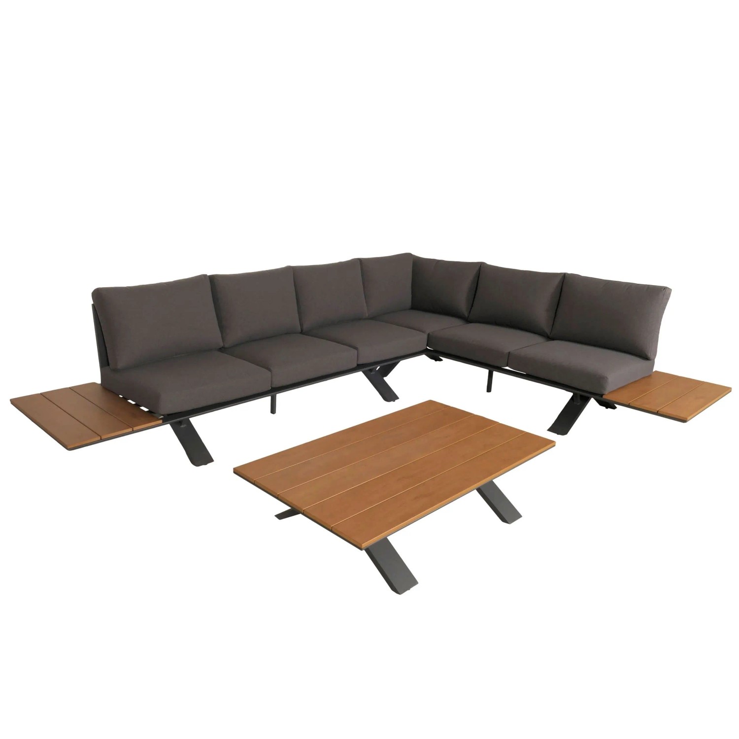 PROREGAL Aluminium Garten-Garnitur Sitzgruppe Garten-/Lounge-Set Sofa Holzoptik Gestell Anthrazit Polster Dunkelgrau