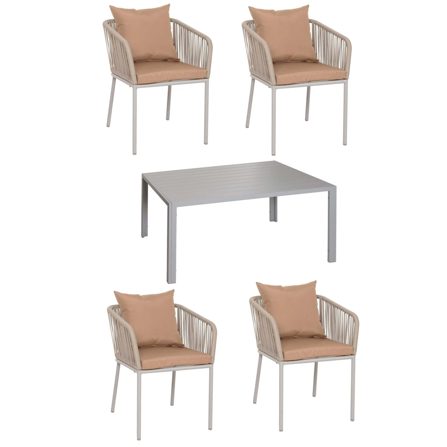 PROREGAL Gartengarnitur Tisch+4xStuhl Wetterfest Alu 140x80cm Seilgeflecht Rope Grau Kissen Taupe