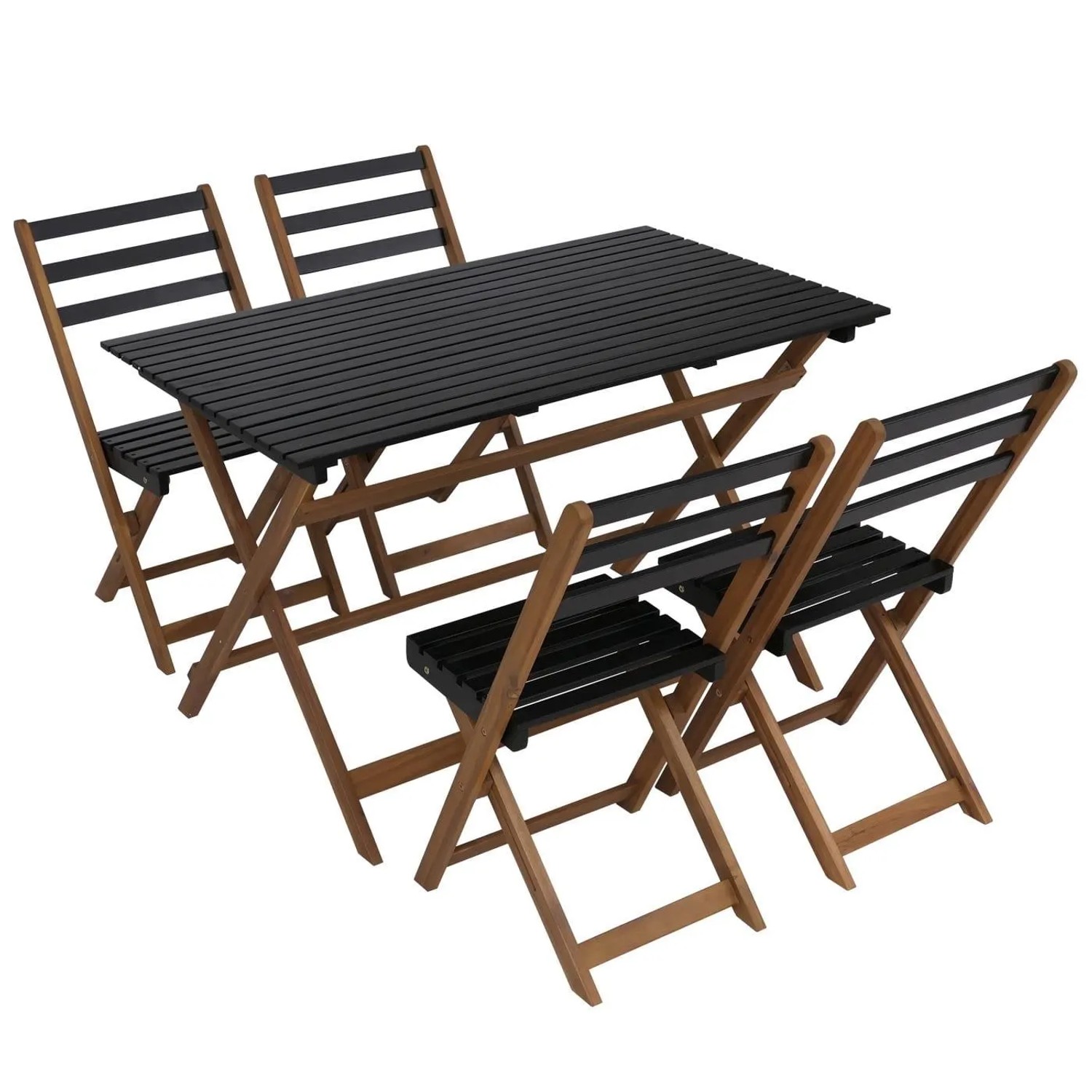 PROREGAL Garnitur Sitzgruppe Gartenmöbel-Set Essgruppe 4x Stuhl Tisch Akazie Holz Klappbar Natur-Schwarz