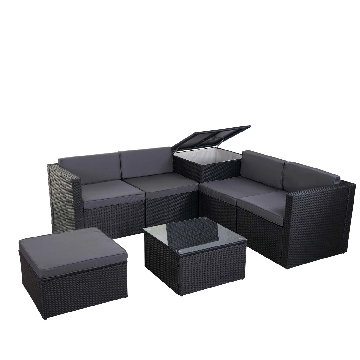 PROREGAL Poly-Rattan-Garnitur Balkon-/Garten-/Lounge-Set Sofa Sitzgruppe Box Staufach Anthrazit Kissen Dunkelgrau