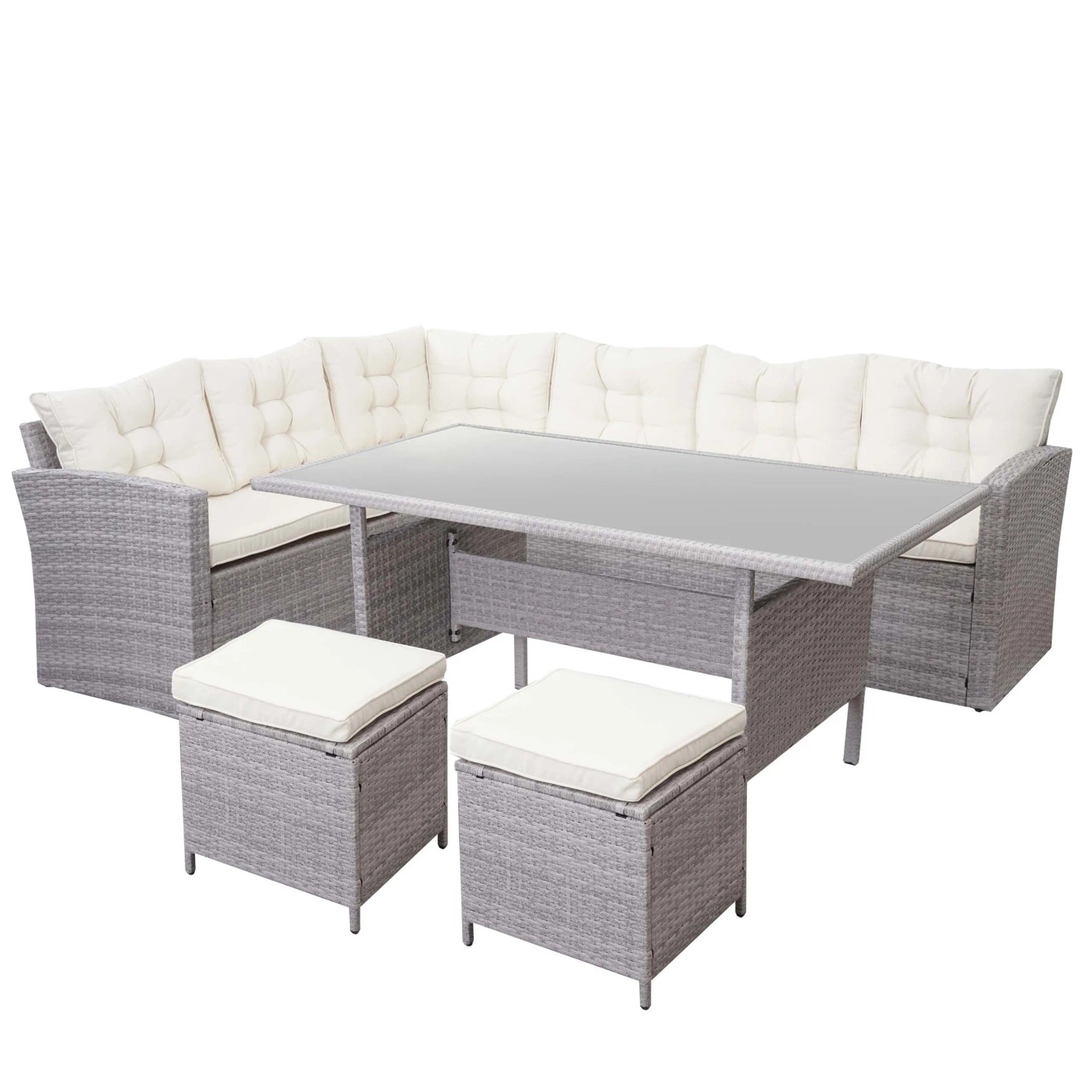 PROREGAL Poly-Rattan-Garnitur Gartengarnitur Sitzgruppe Lounge-Esstisch-Set Sofa Hellgrau Kissen Creme + 2x Hocker