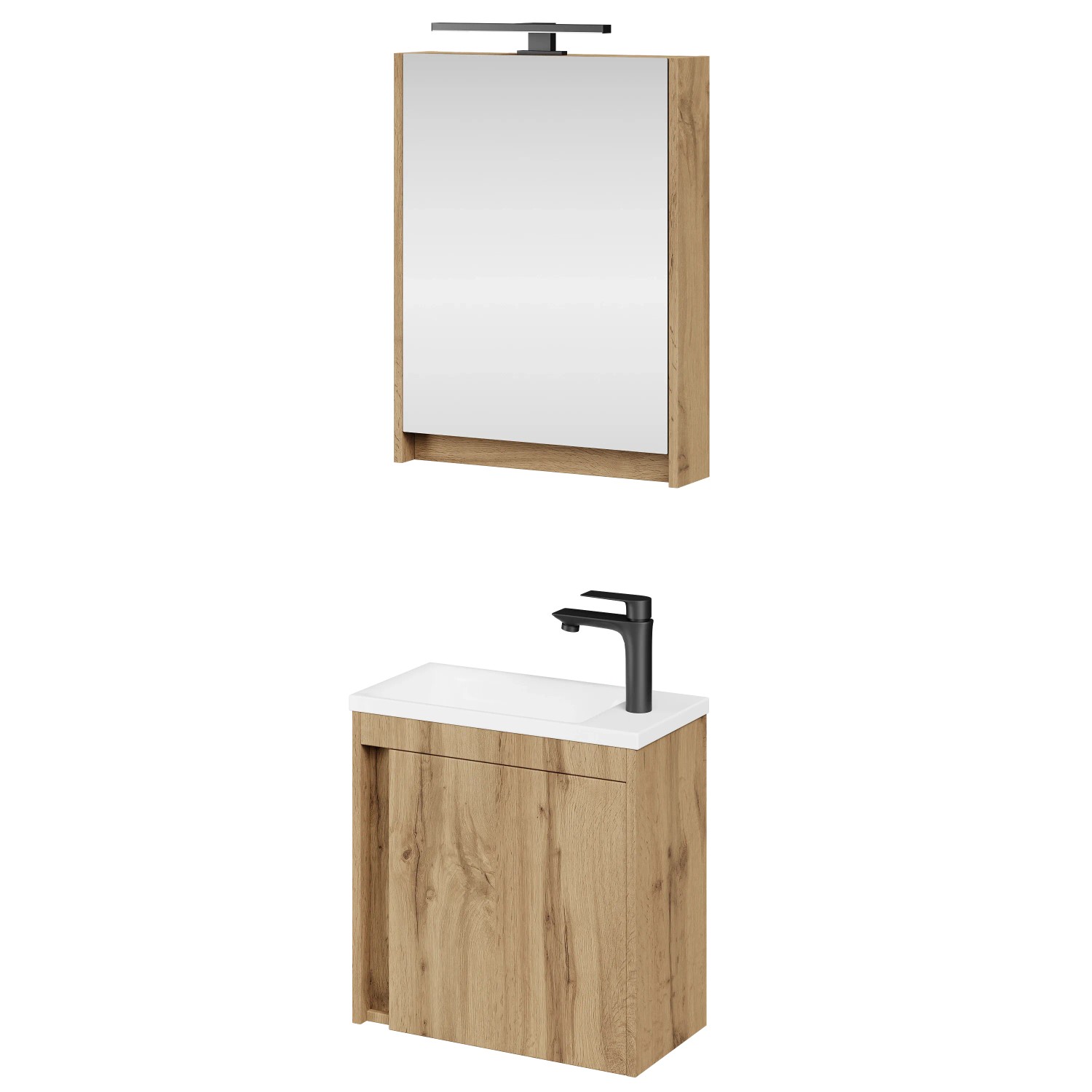 Planetmöbel Badmöbel Set 50 cm Wotan Eiche mit Waschbecken LED Spiegelschrank
