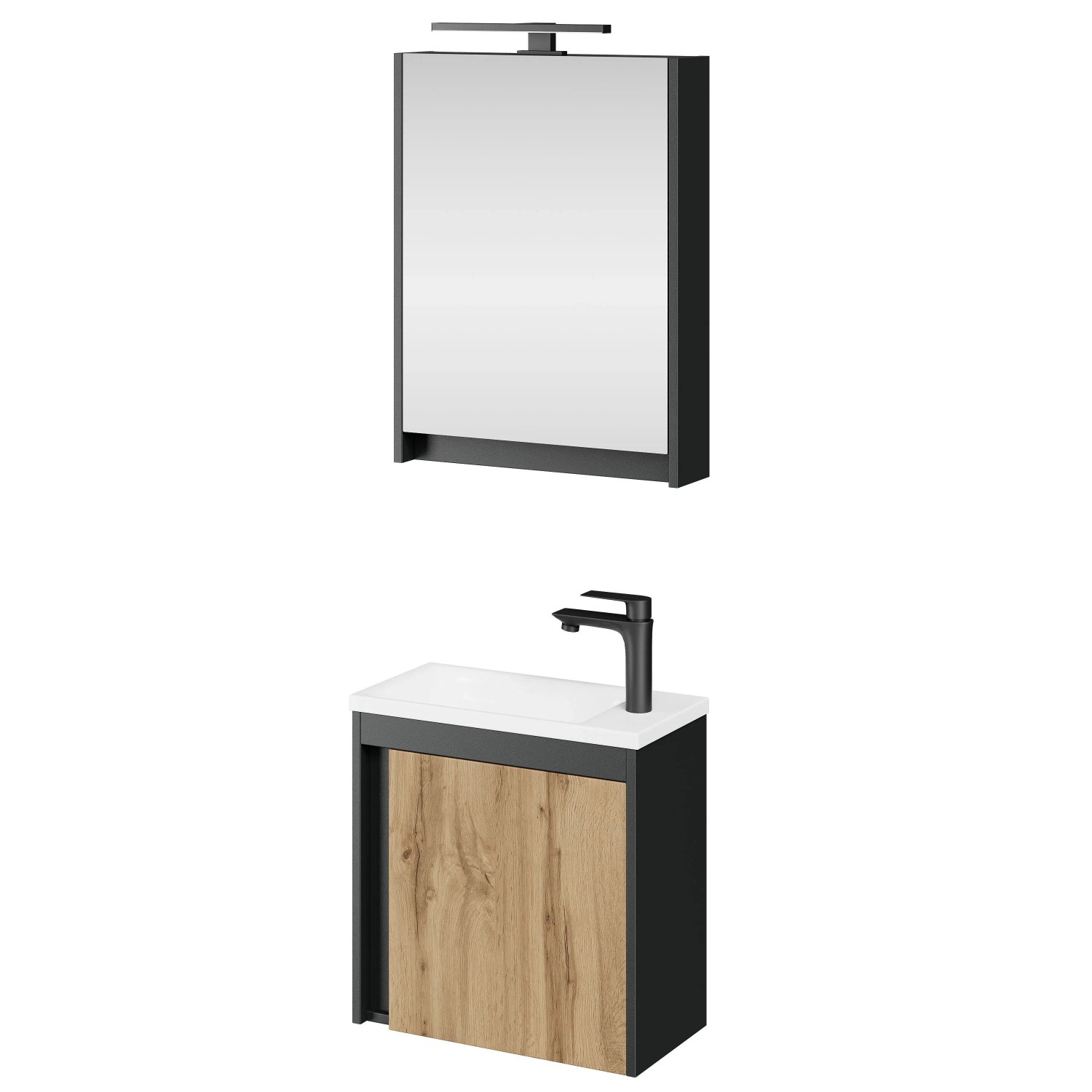 Planetmöbel Badmöbel Set 50 cm Grau Matt Wotan Eiche mit Waschbecken LED Spiegelschrank