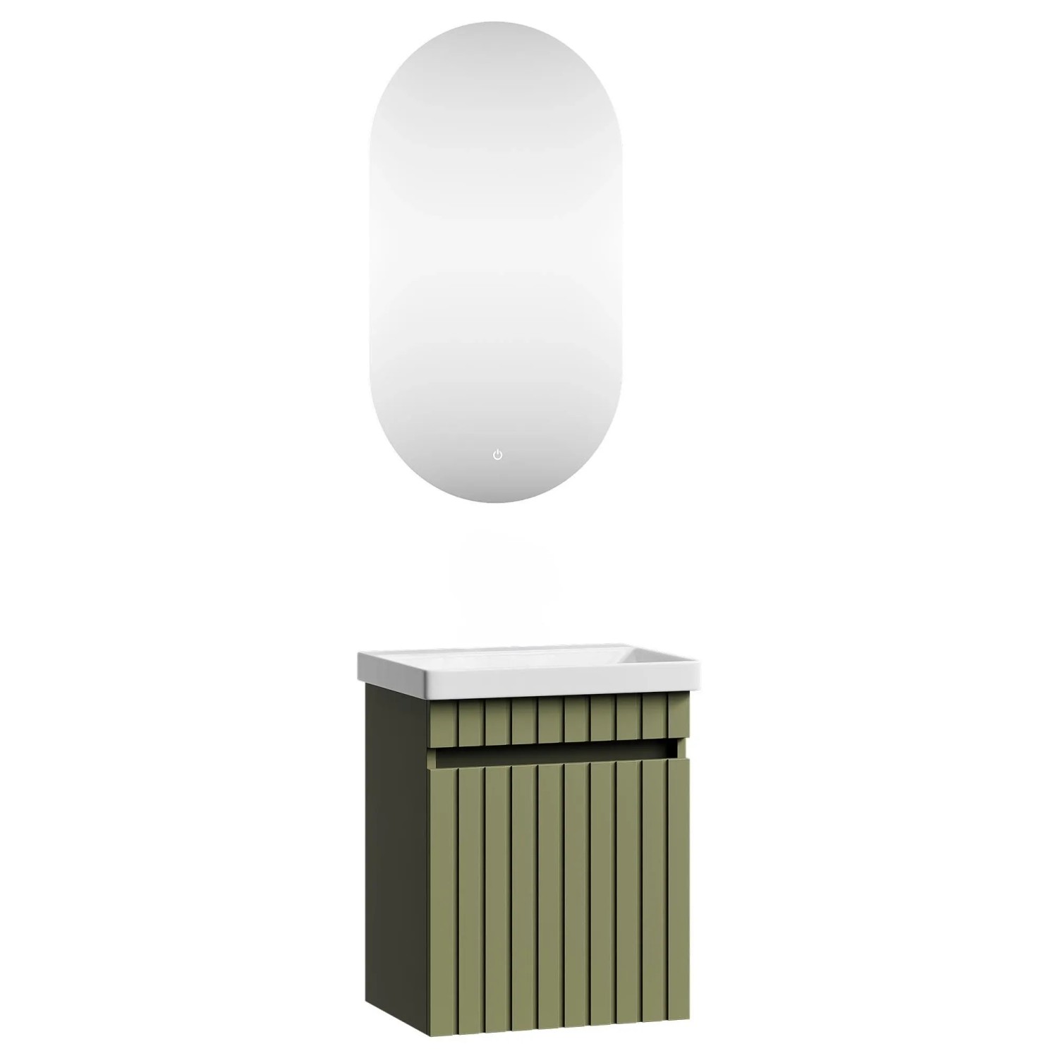 Planetmöbel COSMIA Waschtischunterschrank 50 cm Mintgrün Matt mit Keramikwaschbecken Tür LED Spiegel Soft Close