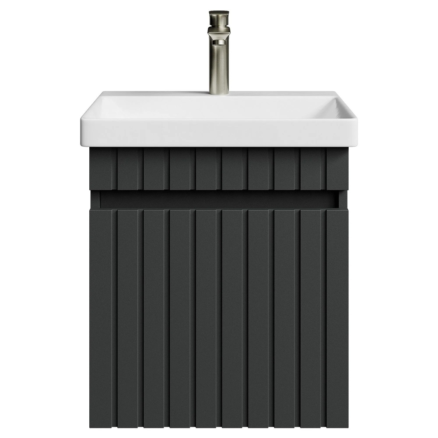 Planetmöbel COSMIA Waschtischunterschrank 50 cm Anthrazit Matt mit Keramikwaschbecken Tür Armatur Gold Brush Soft Close
