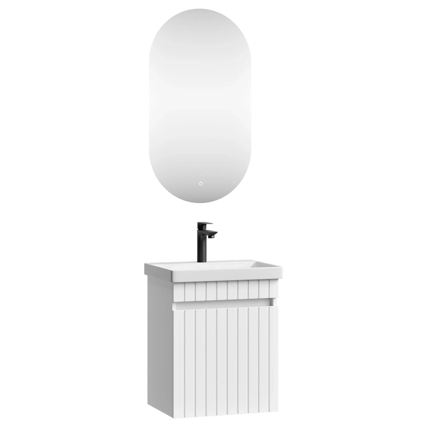 Planetmöbel COSMIA Waschtischunterschrank 50 cm Weiß Matt mit Keramikwaschbecken Tür LED Spiegel Armatur Matt Schwarz Soft Close