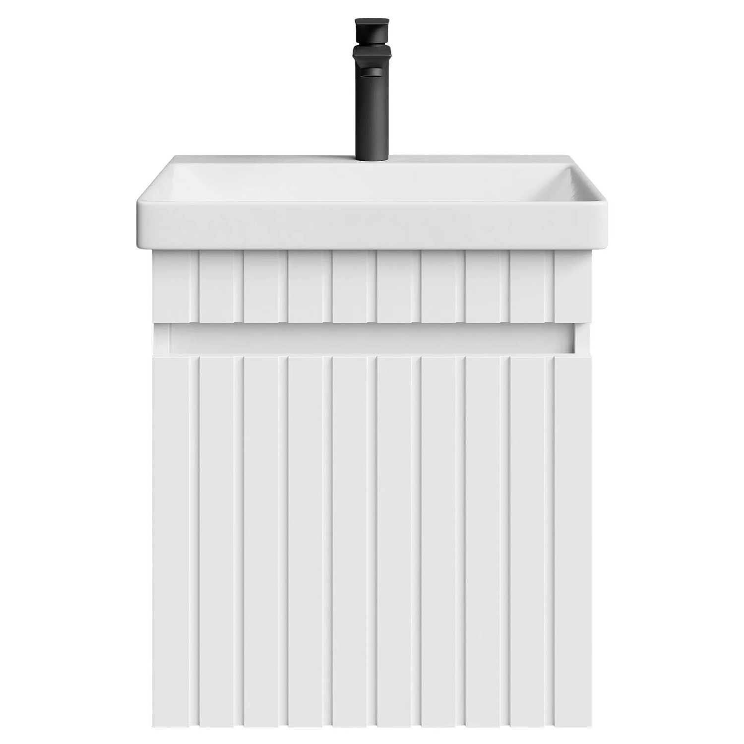 Planetmöbel COSMIA Waschtischunterschrank 50 cm Weiß Matt mit Keramikwaschbecken Tür Armatur Matt Schwarz Soft Close