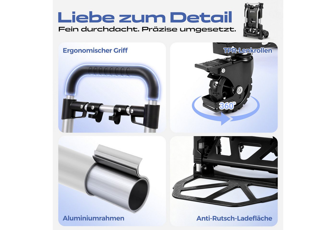 Sekey Sackkarre Alu 2-in-1 Klappbar Transportwagen bis 150kg Tragkraft Plattformwagen mit Bremse Ergonomischer Griff Stabiler Handwagen