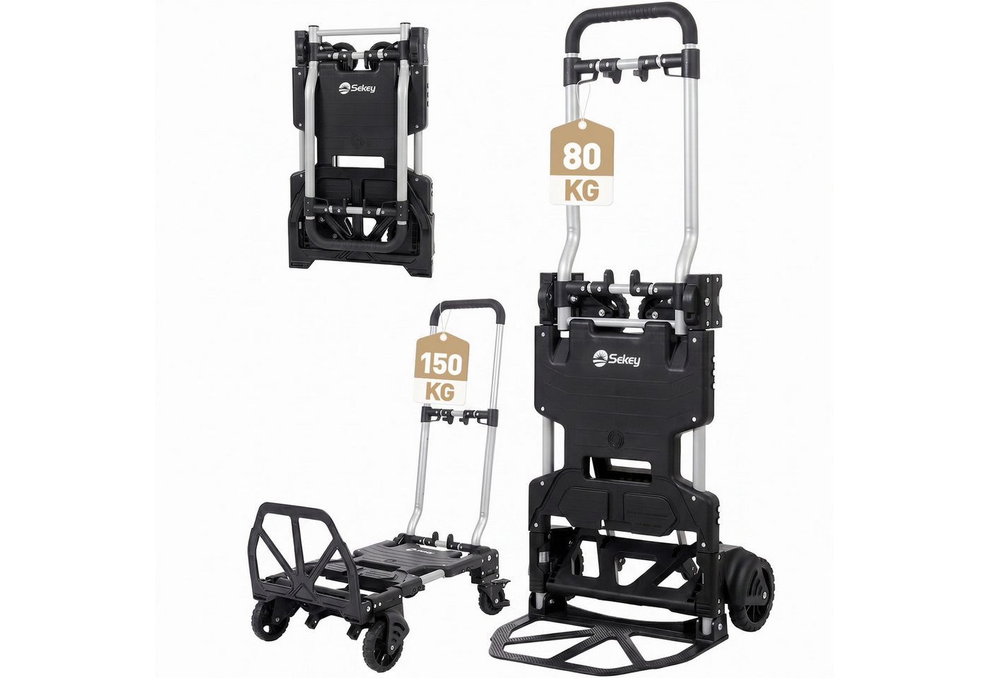 Sekey Sackkarre Alu 2-in-1 Klappbar Transportwagen bis 150kg Tragkraft Plattformwagen mit Bremse Ergonomischer Griff Stabiler Handwagen Bild 2