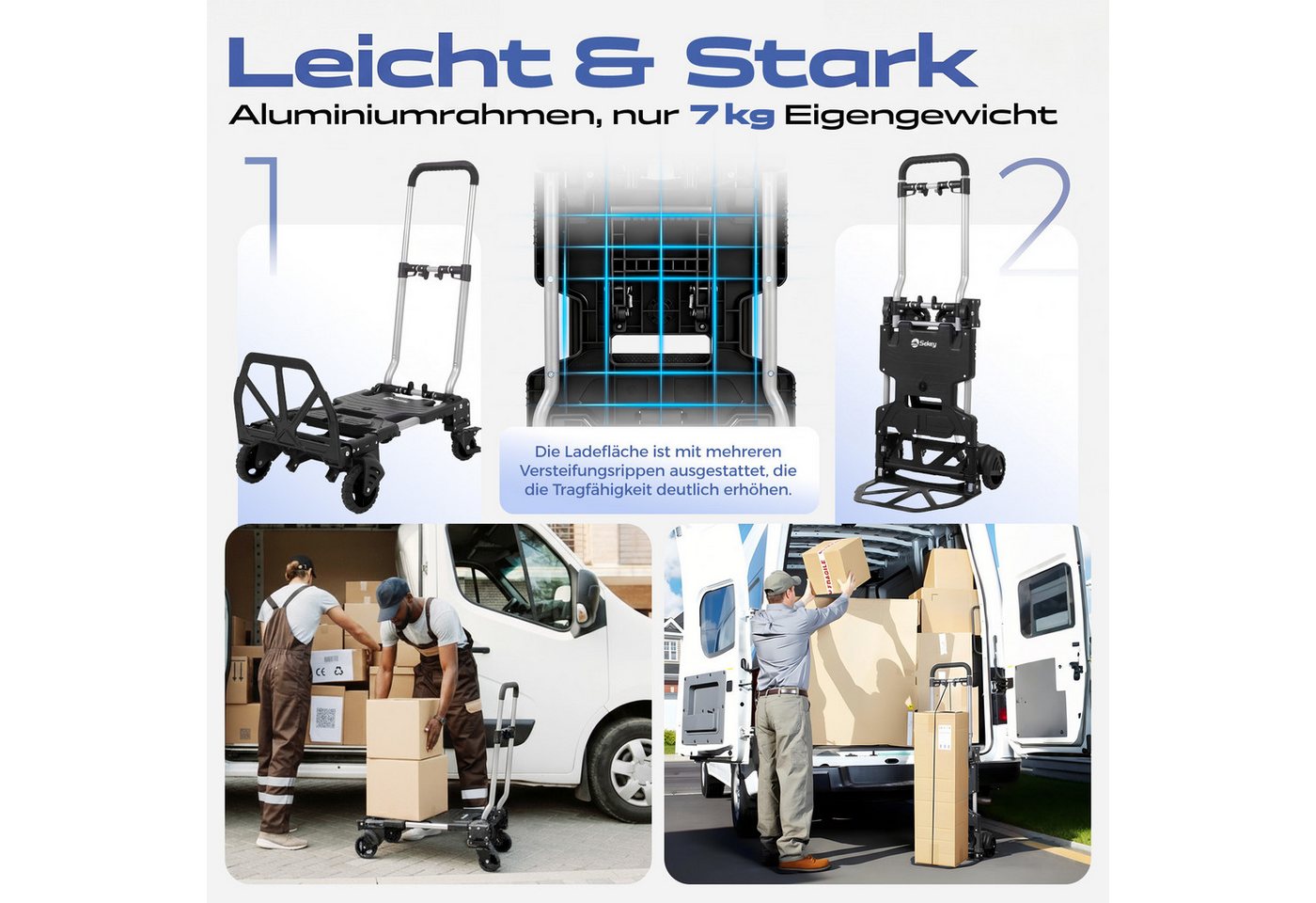 Sekey Sackkarre Alu 2-in-1 Klappbar Transportwagen bis 150kg Tragkraft Plattformwagen mit Bremse Ergonomischer Griff Stabiler Handwagen Bild 3