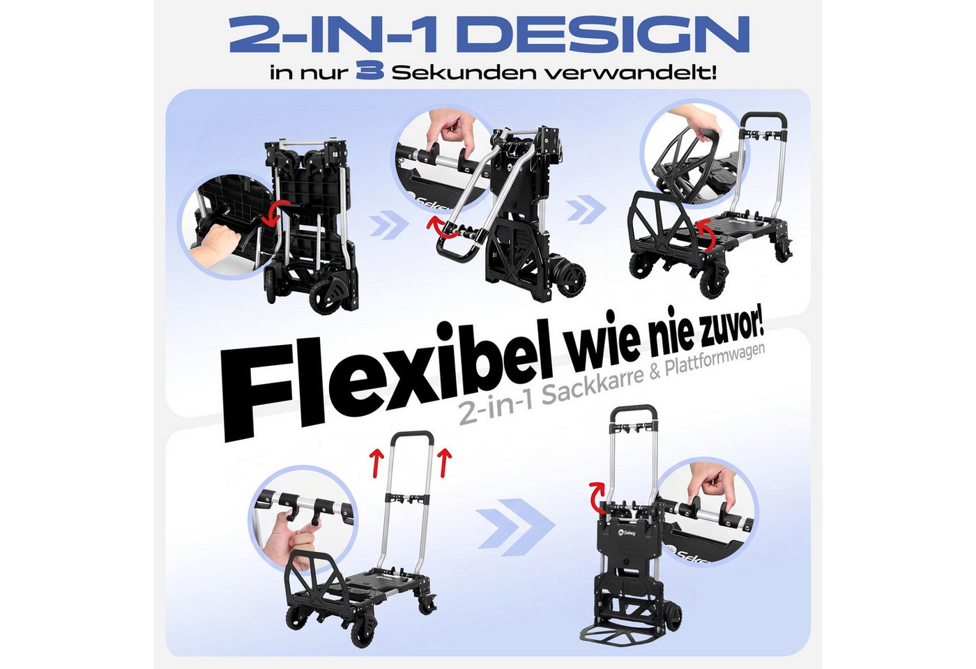 Sekey Sackkarre Alu 2-in-1 Klappbar Transportwagen bis 150kg Tragkraft Plattformwagen mit Bremse Ergonomischer Griff Stabiler Handwagen Bild 4
