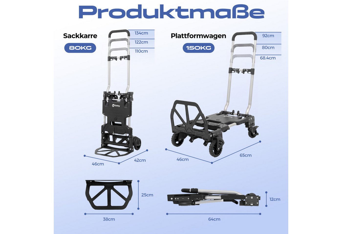 Sekey Sackkarre Alu 2-in-1 Klappbar Transportwagen bis 150kg Tragkraft Plattformwagen mit Bremse Ergonomischer Griff Stabiler Handwagen Bild 5