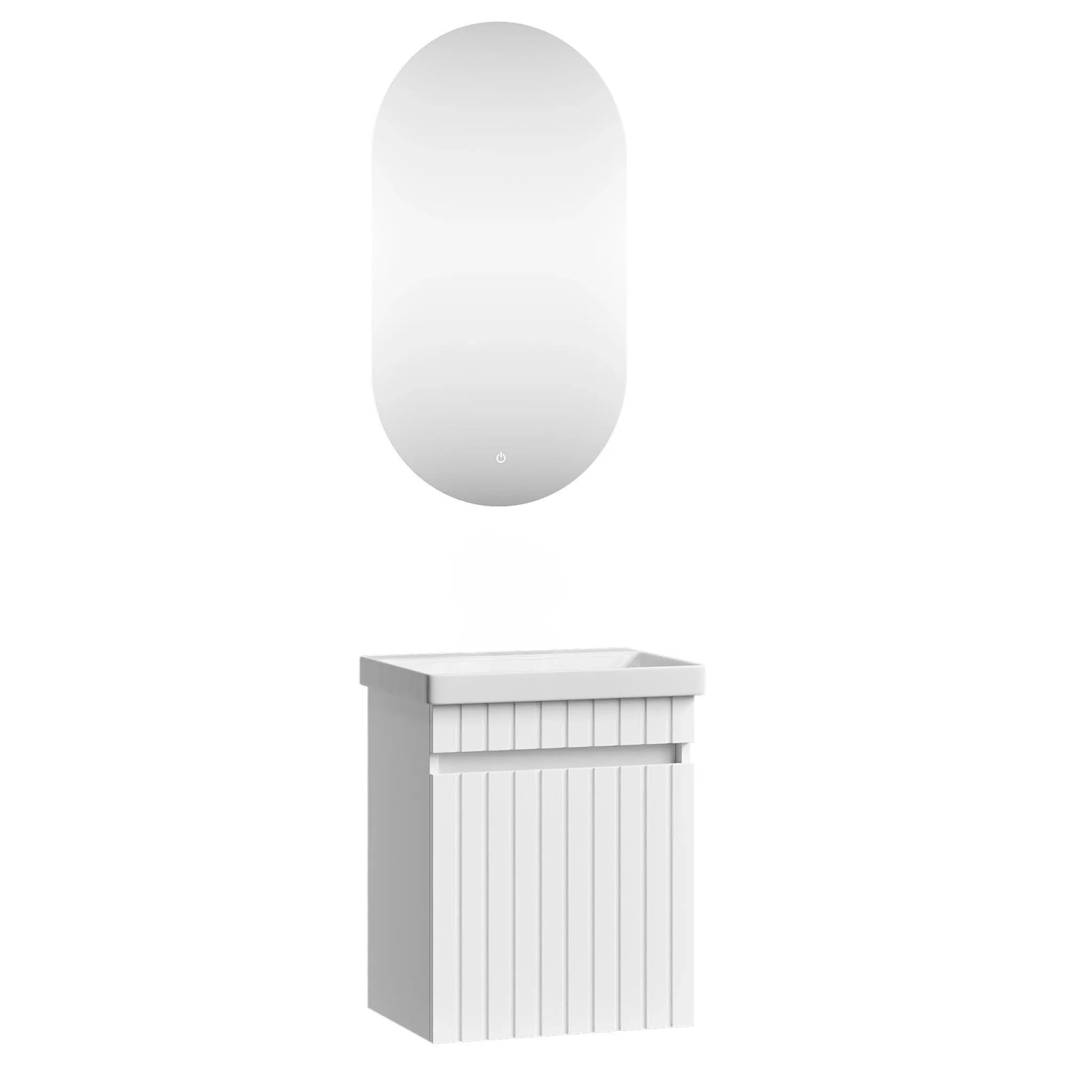 Planetmöbel COSMIA Waschtischunterschrank 50 cm Weiß Matt mit Keramikwaschbecken Tür LED Spiegel Soft Close