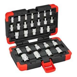 VIGOR Steckschlüsseleinsatz Satz, 1/4 (6,3 mm) Vierkant hohl, 3/8 (10 mm) Vierkant hohl, 1/2 (12,5 mm) Vierkant hohl, 28-tlg., E4 - E24, Anzahl Wer