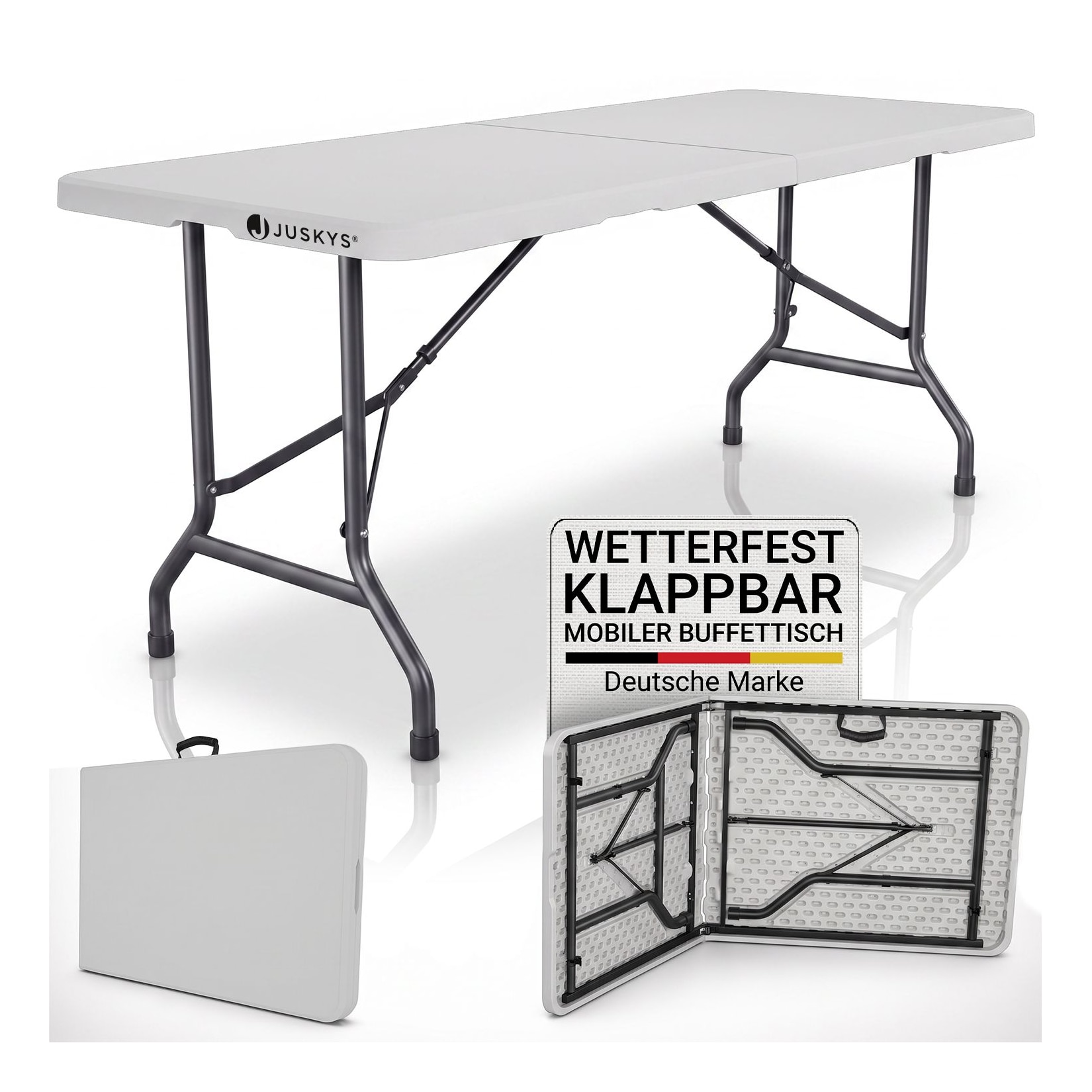 JUSKYS® Klappbarer Gartentisch Easyfold Weiß - Klapptisch mit Tragegriff, stabiler multifunktionaler Buffettisch, 180x74x74 cm