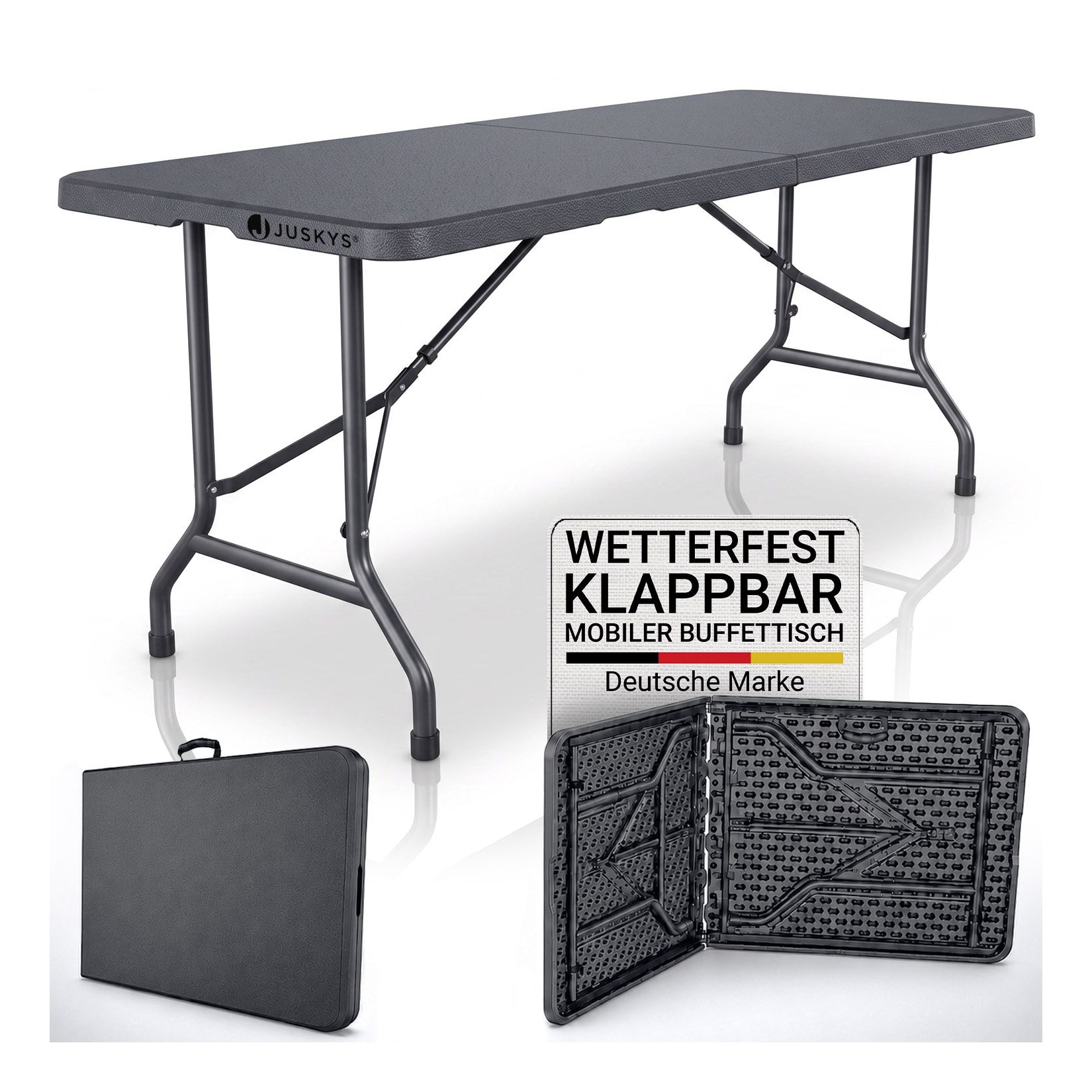 JUSKYS® Klappbarer Gartentisch Easyfold Anthrazit - Klapptisch mit Tragegriff, stabiler multifunktionaler Buffettisch, 180x74x74 cm