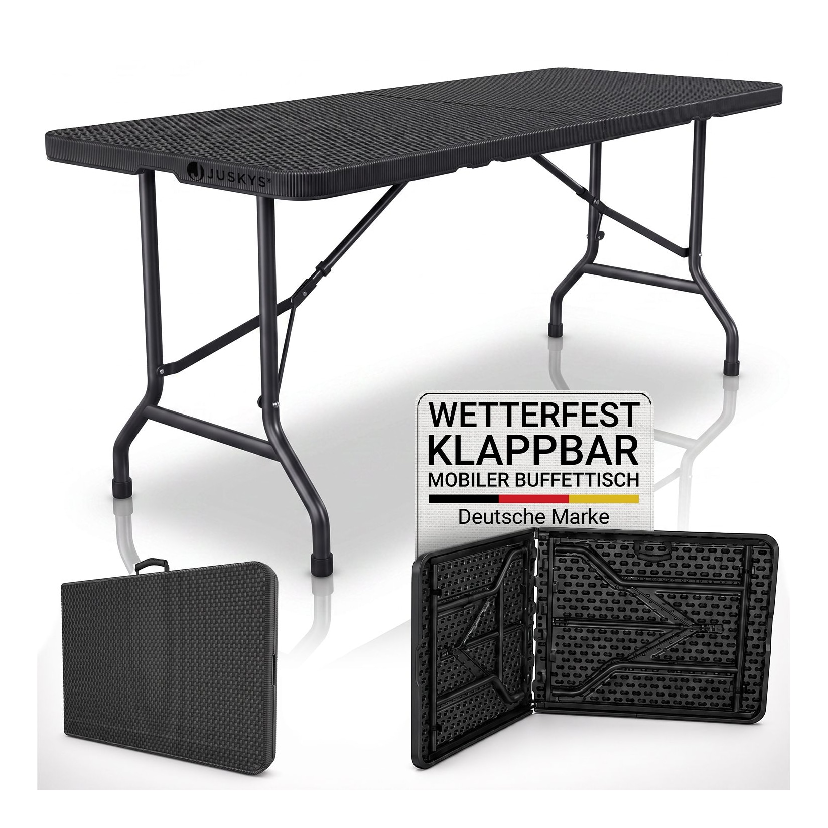 JUSKYS® Klappbarer Gartentisch Easyfold Schwarz - Klapptisch mit Tragegriff, stabiler multifunktionaler Buffettisch, 180x74x74 cm