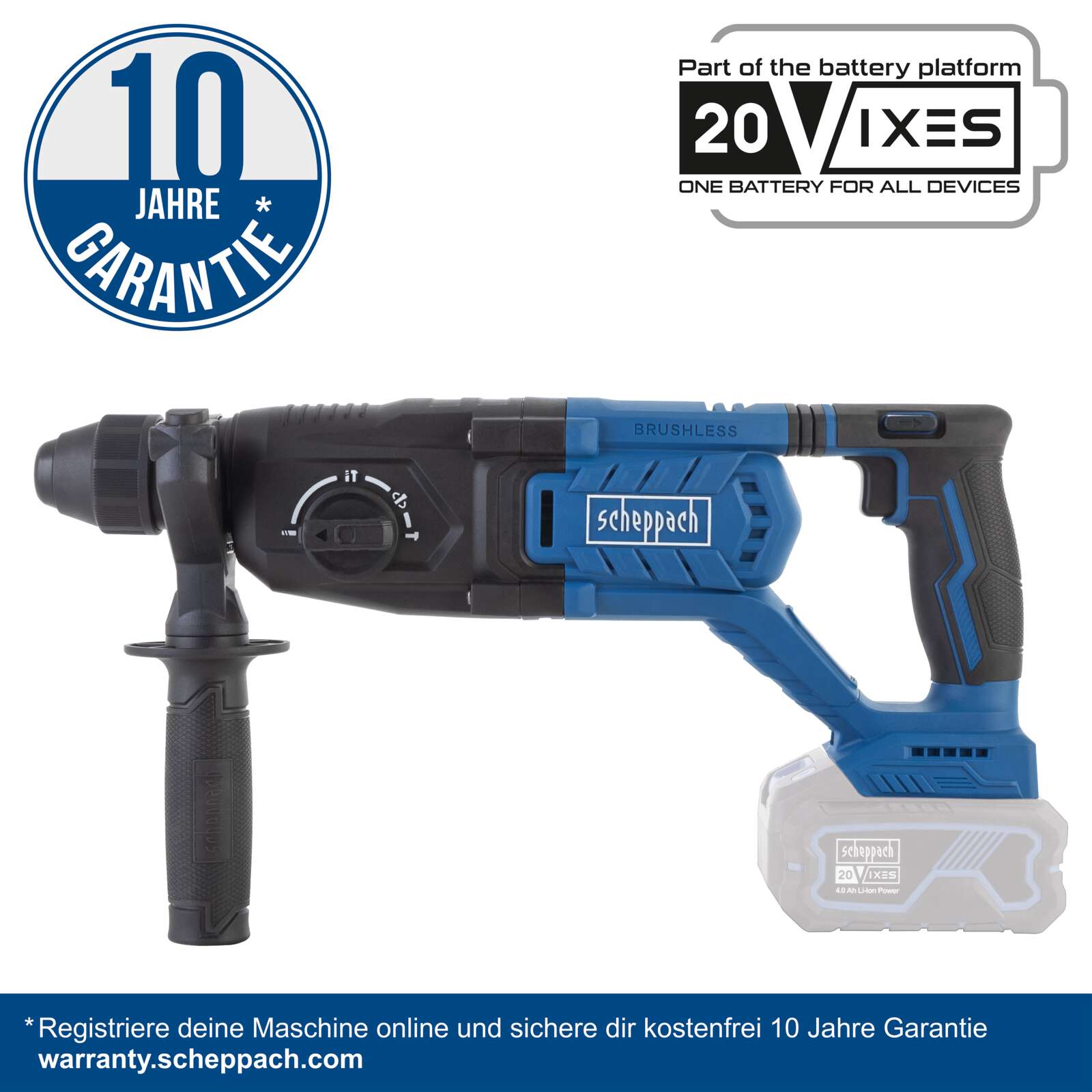 Akku-Bohrhammer BC-DH290-X Scheppach - 20V | 2,8J Schlagenergie | bis 4500bpm | SDS-Plus | 4 Funktionen | inkl. 4Ah Akku + 2,4A Ladegerät Bild 2
