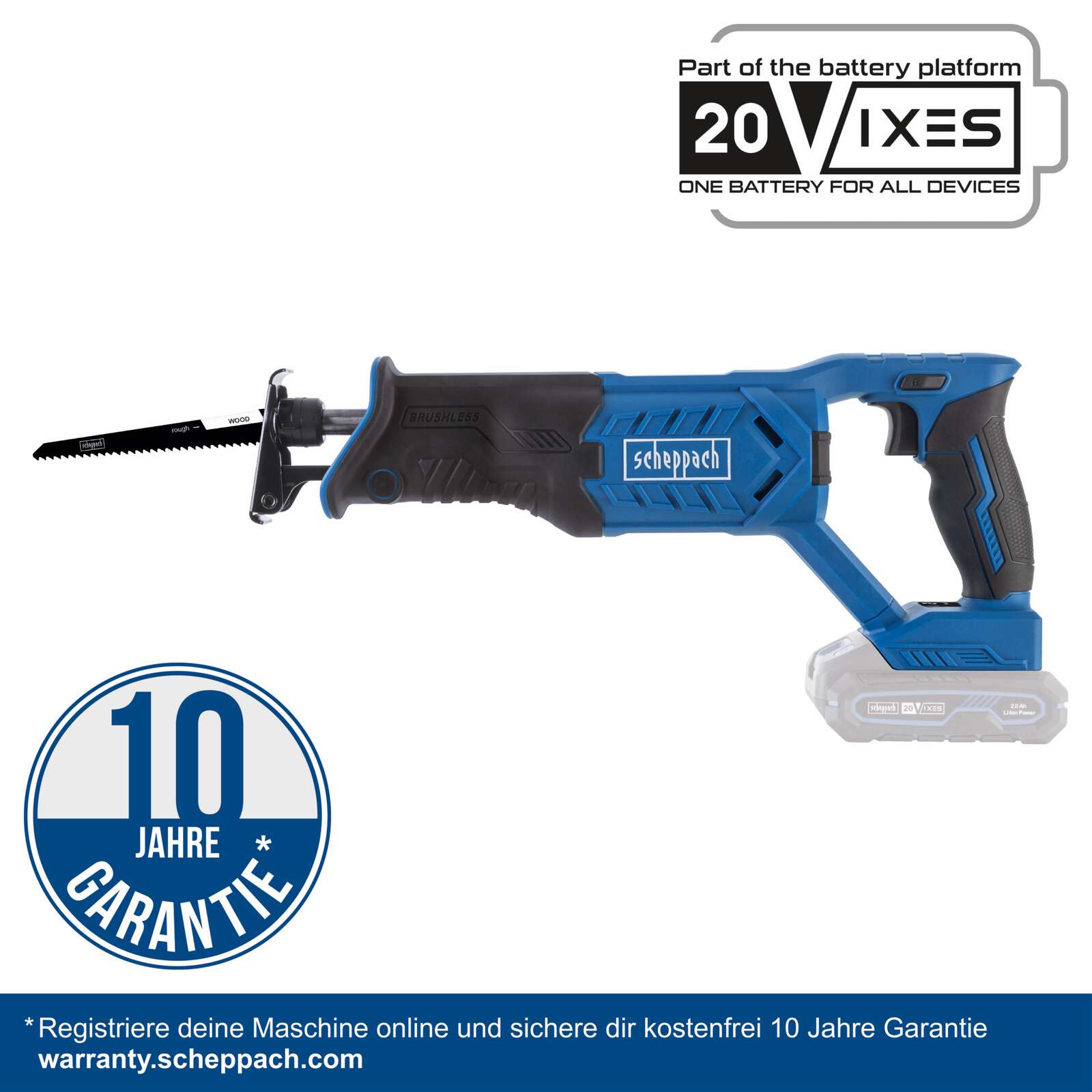 Akku-Säbelsäge BC-RS280-X Scheppach - 20V | 28mm Hublänge | 0-3000 min-1 Hubzahl | LED-Leuchte | inkl. 2Ah Akku + 2,4A Ladegerät Bild 2