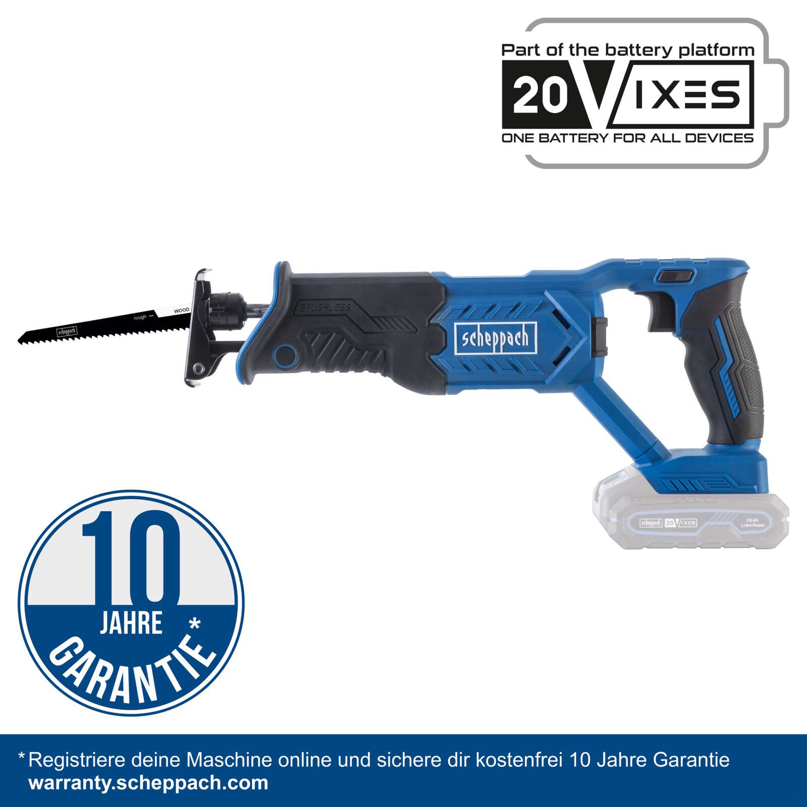 Akku-Säbelsäge BC-RS220-X Scheppach - 20V | 22mm Hublänge | 0-3000 min-1 stufenlose Hubzahl | LED-Leuchte | inkl. 2Ah Akku + 2,4A Ladegerät Bild 5