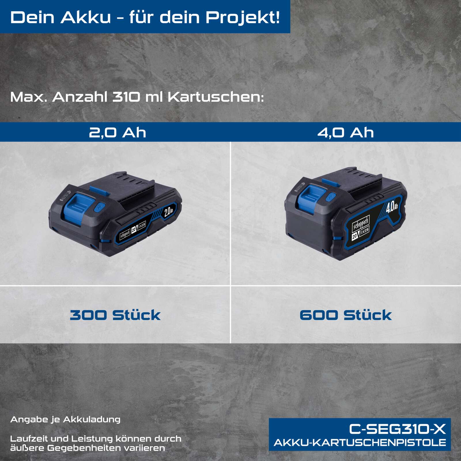 Akku-Kartuschenpistole C-SEG310-X Scheppach - 20V | 2000N Auspresskraft | 0,75-3,58 mm/s | LED-Leuchte | inkl. 2Ah Akku + 2,4A Ladegerät