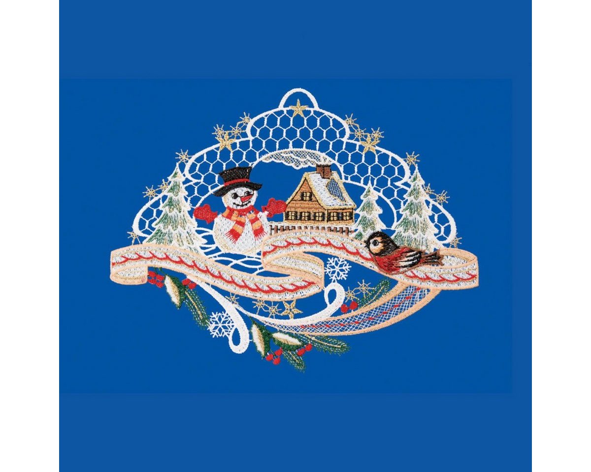 W. Reuter & Sohn - Plauener Spitze® Fensterbild Landschaft Schneemann, Made in Germany