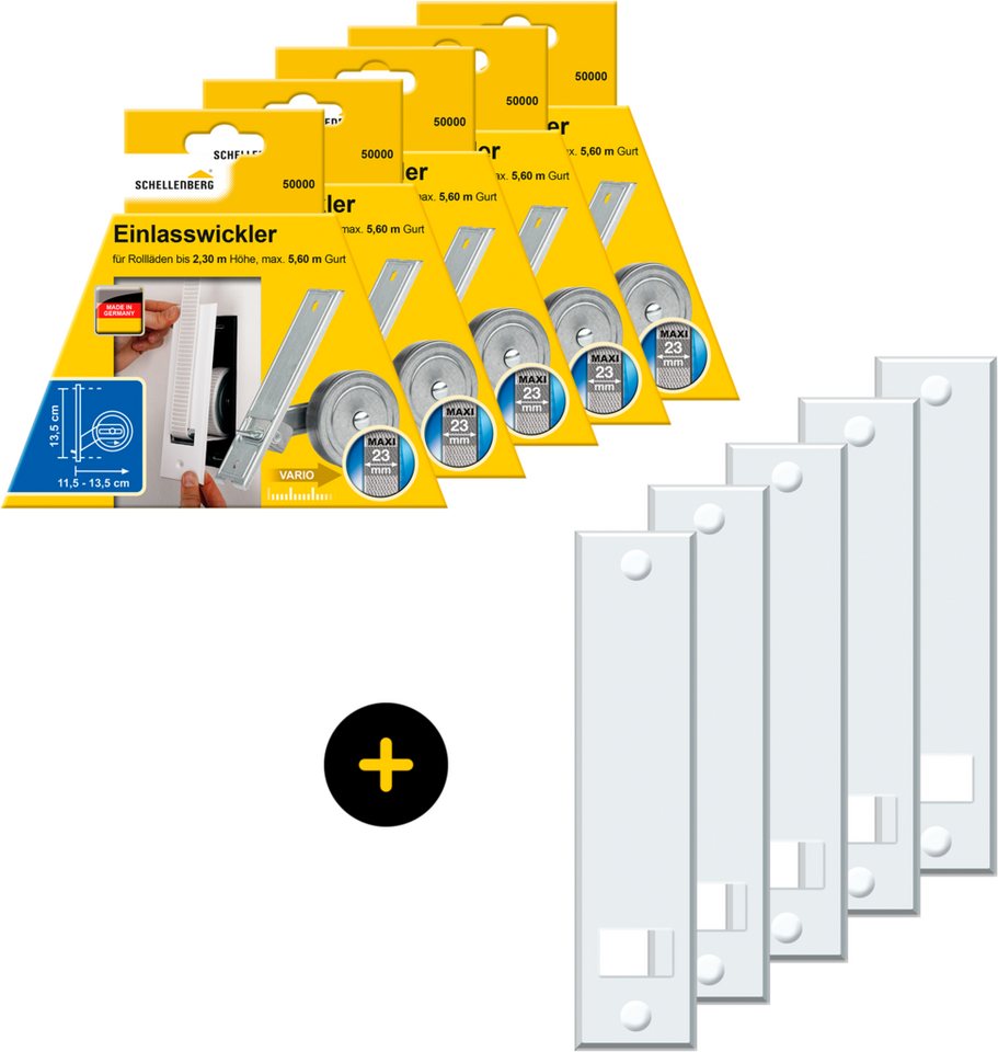 SCHELLENBERG Einlass-Gurtwickler Unterputz, inkl. Abdeckplatte weiß, Set, 5-tlg., 13,5 cm Lochabstand für das Rollladensystem Maxi