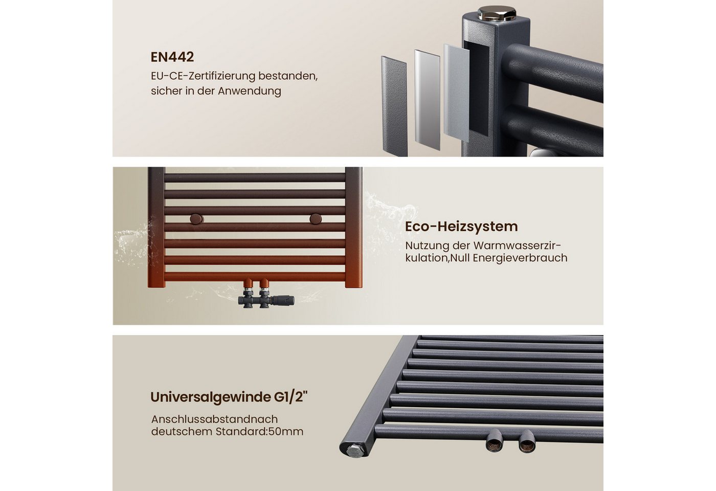 Heilmetz Badheizkörper 140 × 40 cm Handtuchwärmer für Badezimmer, Anthrazit, 476 W (T=50), G 1/2, Geeignet für 4 Bild 3