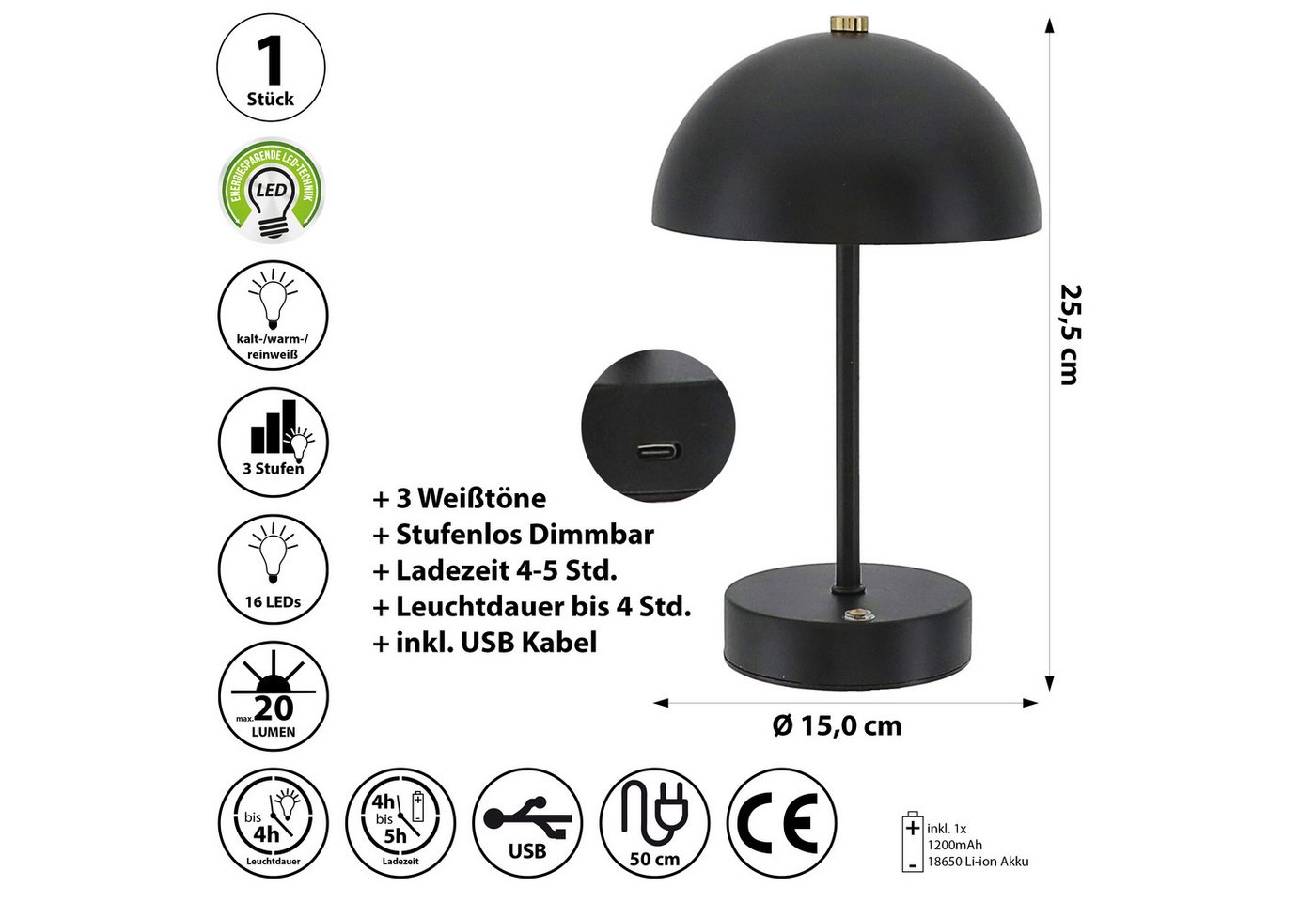 CEPEWA LED Tischleuchte LED Leuchte 'Oslo' schwarz USB 16 LEDs Eisen Ø15x25,5cm 3 Weißtöne Bild 2