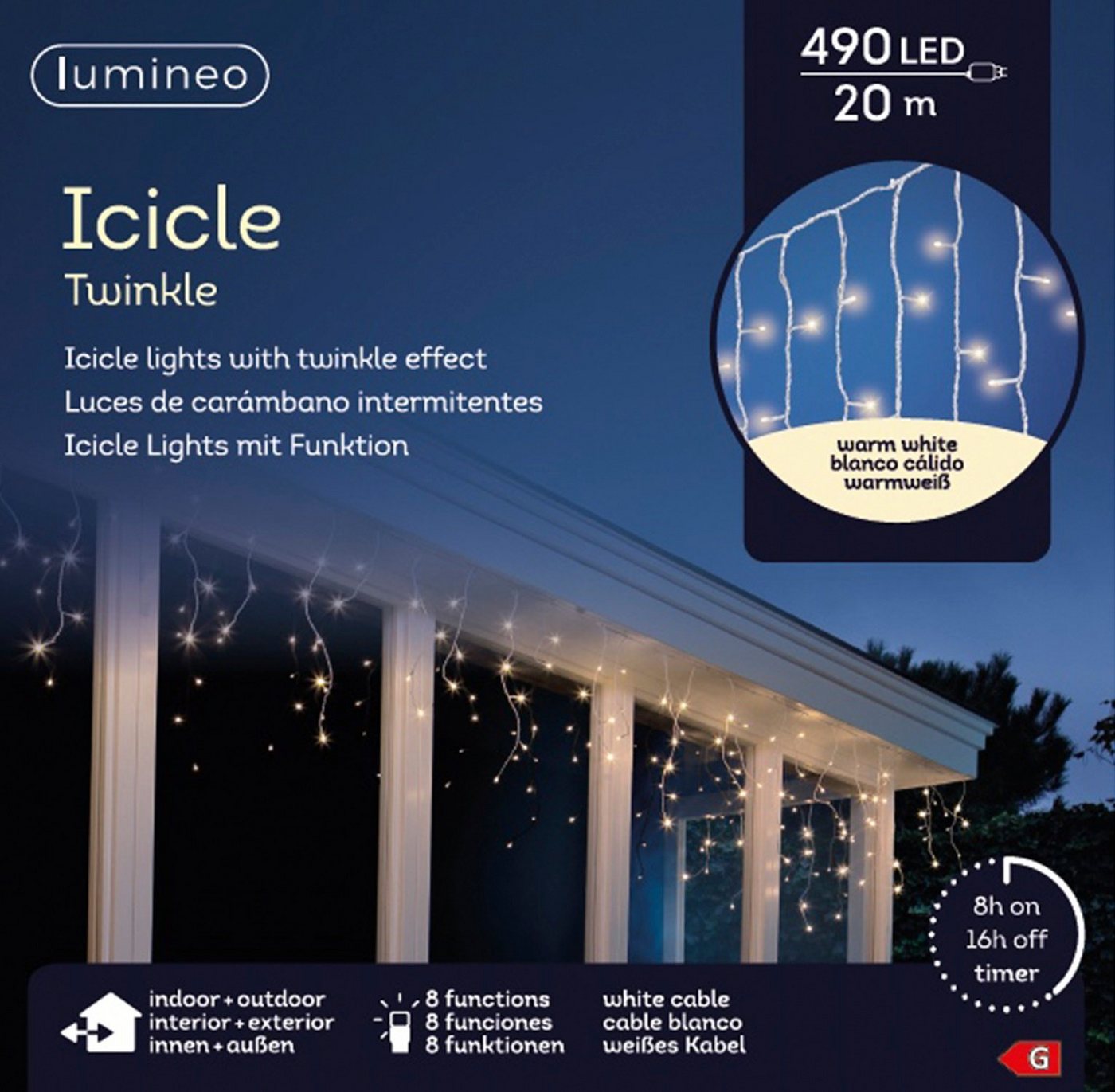 Lumineo LED-Lichterkette Lumineo Lichtervorhang ICICLE TWINKLE 490 LED 20 m warm weiß, weiß, 8 Twinkle-Effekte, 8h-Timer, Indoor/Outdoor, + 5 m Zuleitung Bild 4