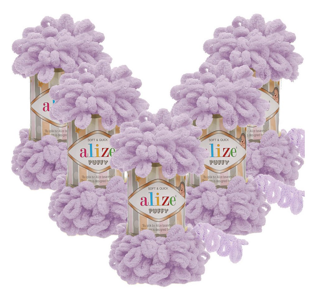 Alize 5 x ALIZE Puffy 27 Light Lilac Häkelwolle, 9 m (Wolle), Babywolle Chenillegarn Handstrickgarn Fingerhäkeln Amigurumi