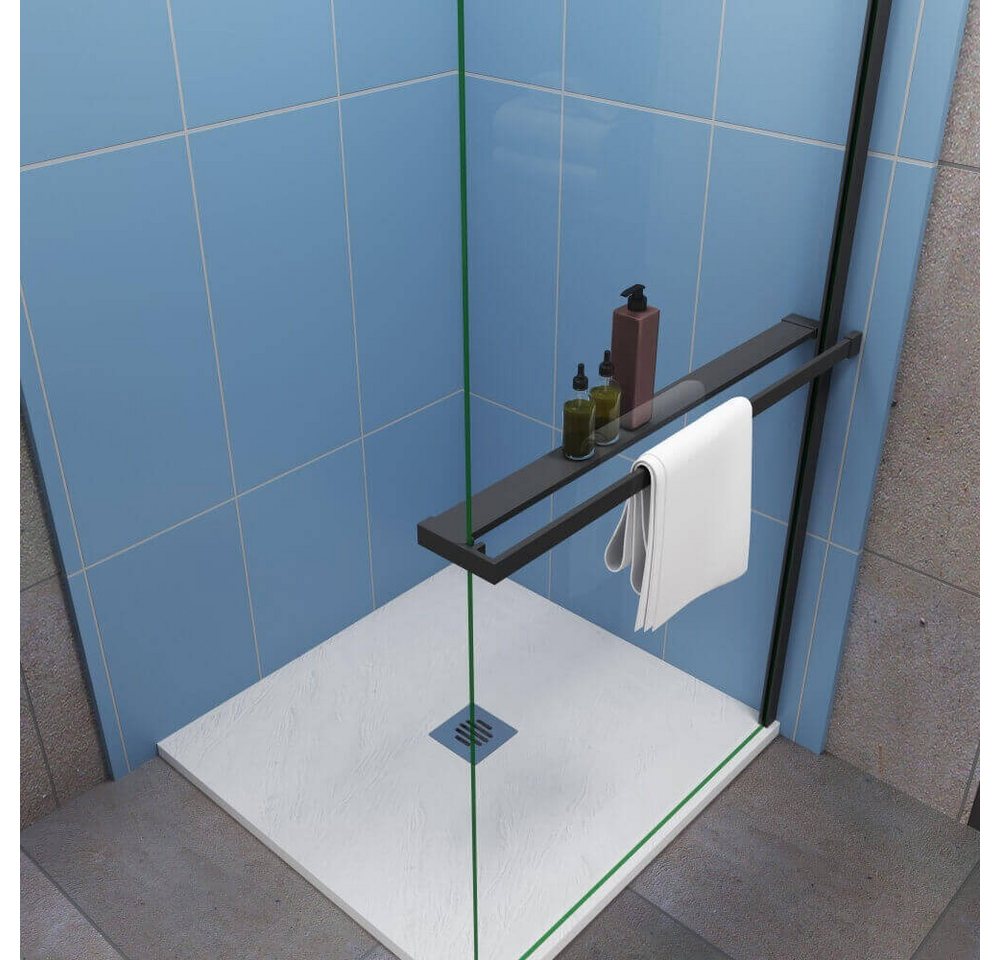 Duschparadies Walk-in-Dusche 200cm schwarz mit Handtuchhalter Glaswand 8mm ESG Walk in Dusche, Einscheibensicherheitsglas