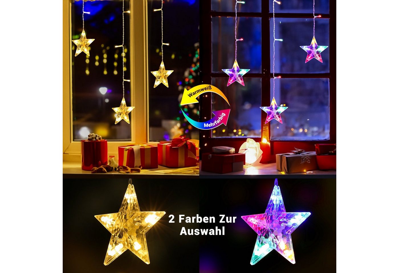 Quntis Lichtervorhang 88cm Bunt&Warmweiß weihnachtsstern fenster, weihnachtsdeko innen, 36-flammig, LED Fensterbilder für Innen/Außen/Fenster Ostern Mädchen Deko Bild 5