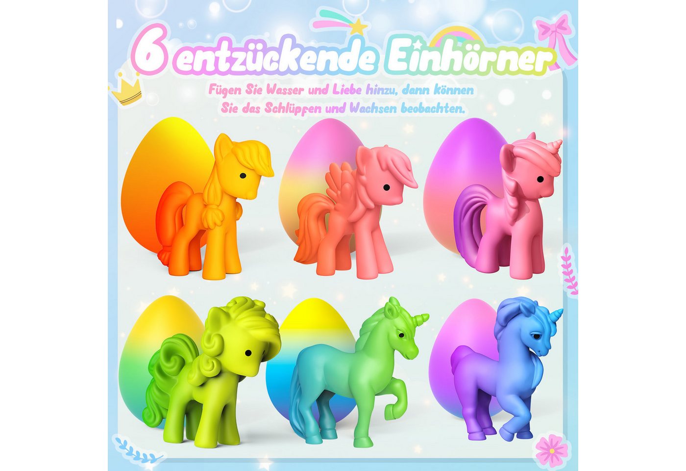 Wootoy Kreativset Schlüpf-Eier Einhorn 6er Set Magische Wachstums-Eier im Wasser, (Schlüpfspielzeug für Kinder ab 3 Jahren, 6-tlg., Wachstumseffekt bis zu 600), Ideal als Mitgebsel Partygeschenk Überraschung oder Geschenkidee