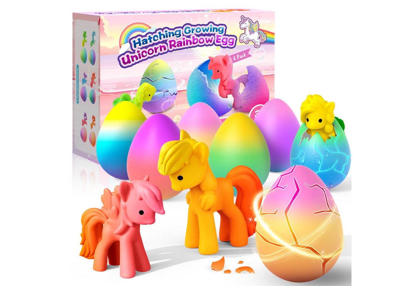 Wootoy Kreativset Schlüpf-Eier Einhorn 6er Set Magische Wachstums-Eier im Wasser, (Schlüpfspielzeug für Kinder ab 3 Jahren, 6-tlg., Wachstumseffekt bis zu 600), Ideal als Mitgebsel Partygeschenk Überraschung oder Geschenkidee Bild 2