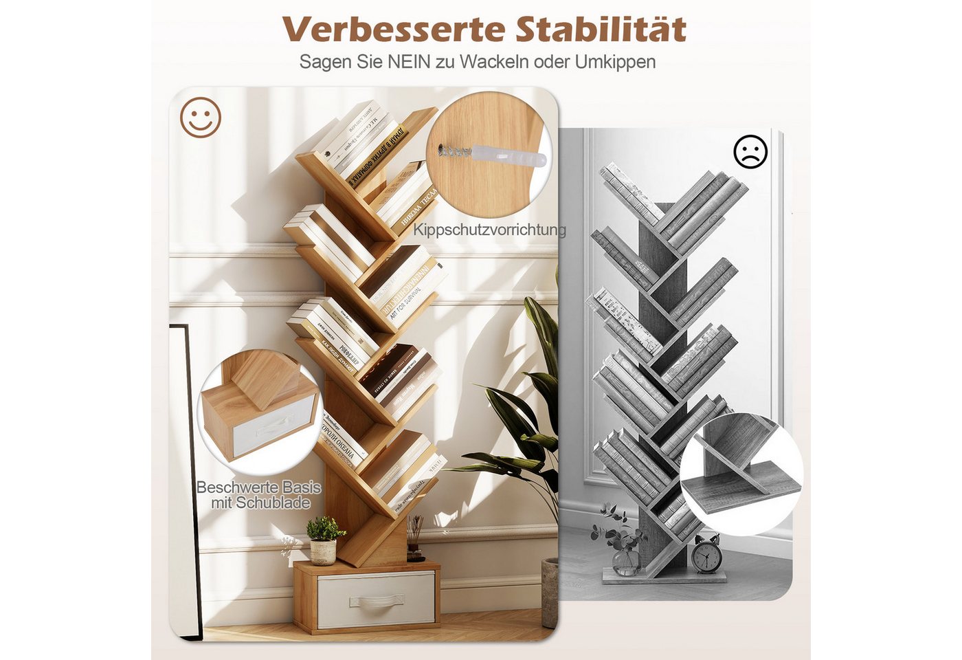 COSTWAY Bücherregal, 8-stöckig, mit Schublade, Baumform, 38x21,5x149,5cm