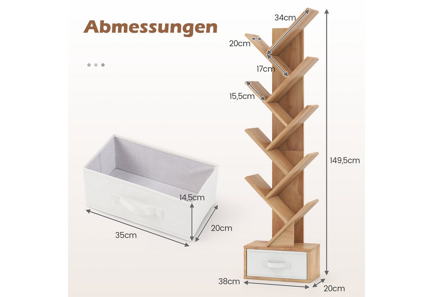COSTWAY Bücherregal, 8-stöckig, mit Schublade, Baumform, 38x21,5x149,5cm Bild 3
