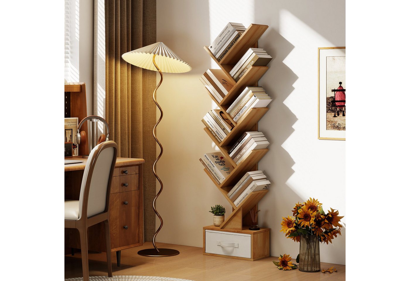 COSTWAY Bücherregal, 8-stöckig, mit Schublade, Baumform, 38x21,5x149,5cm Bild 4