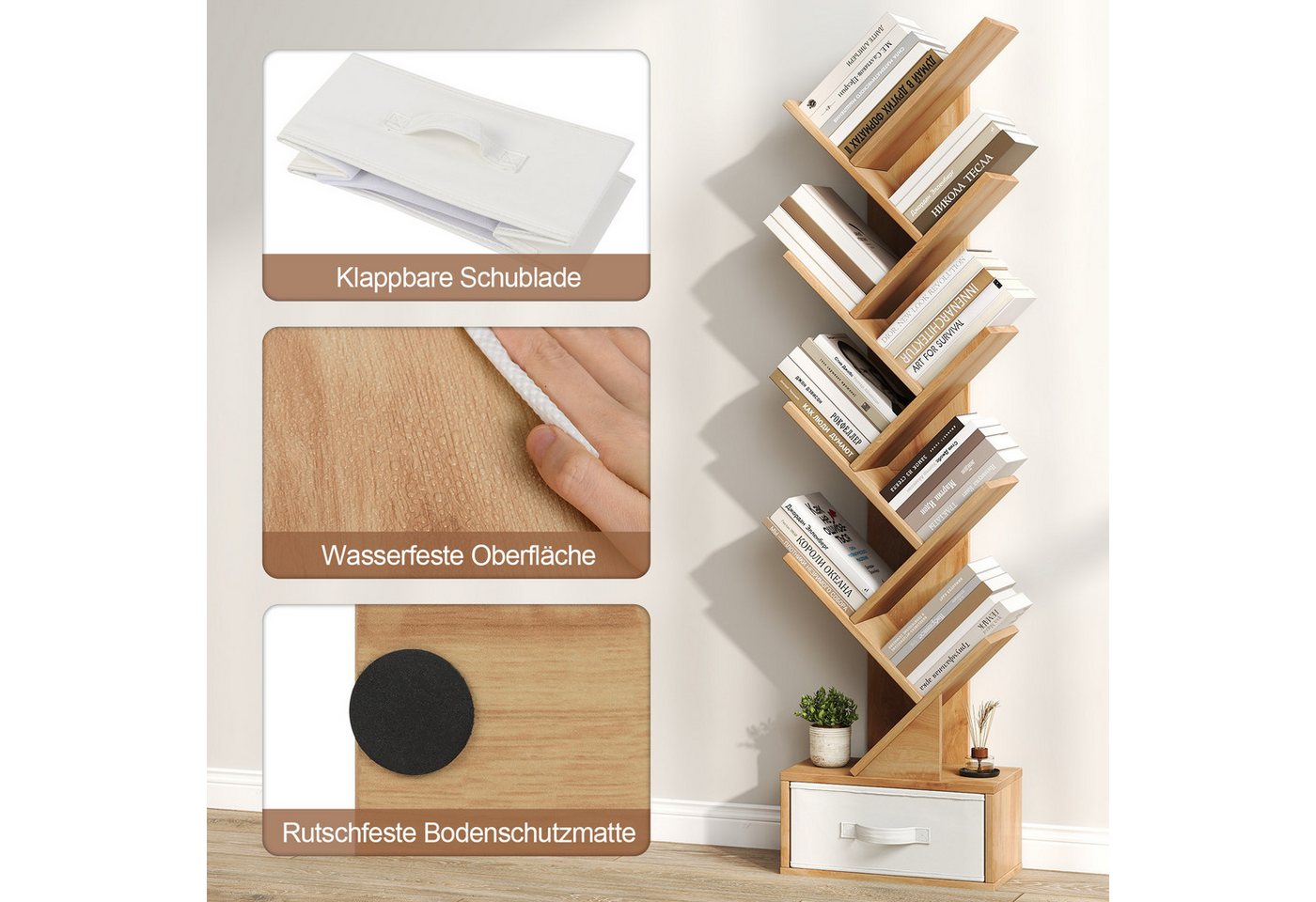 COSTWAY Bücherregal, 8-stöckig, mit Schublade, Baumform, 38x21,5x149,5cm Bild 5