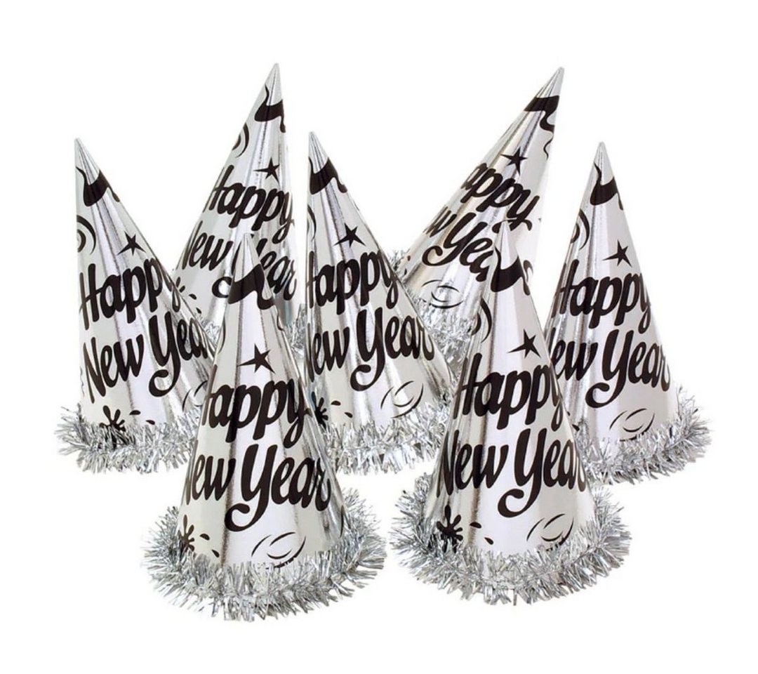 Partystrolche Papierdekoration Partyhut 6er Set Happy New Year in Silber mit Fransen