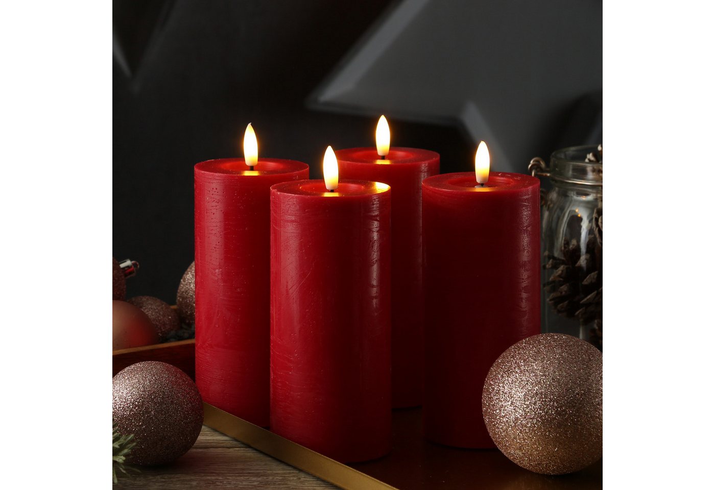 Adilina LED-Kerze Kerzenset LINA Rustik Optik für Adventskranz 7x15cm Timer rot 4St, LED Classic, warmweiß (2100K bis 3000K) Bild 2