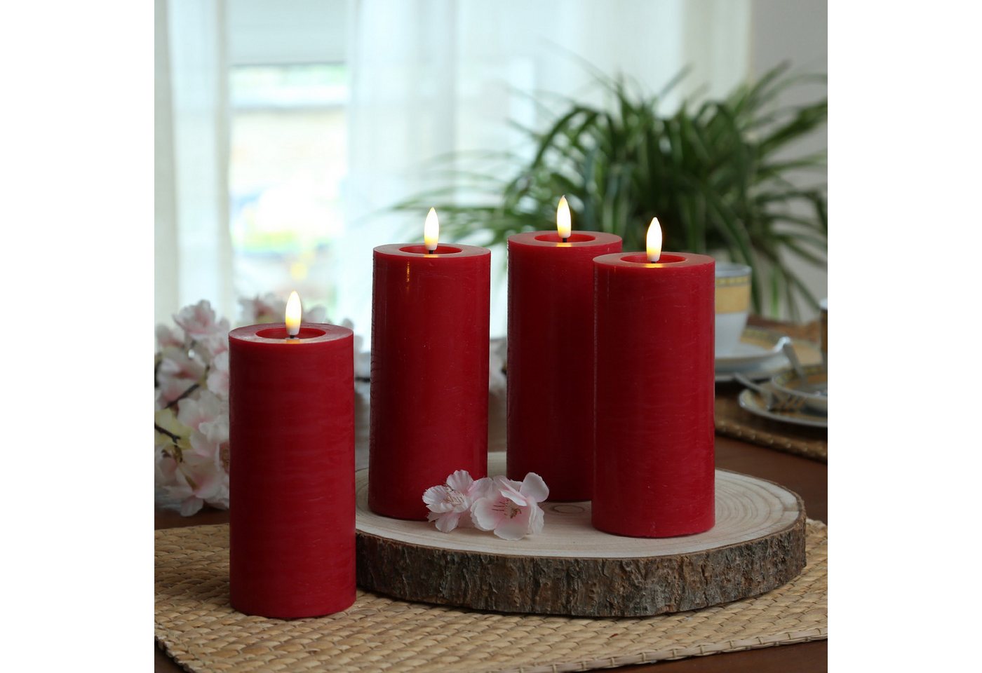 Adilina LED-Kerze Kerzenset LINA Rustik Optik für Adventskranz 7x15cm Timer rot 4St, LED Classic, warmweiß (2100K bis 3000K) Bild 4