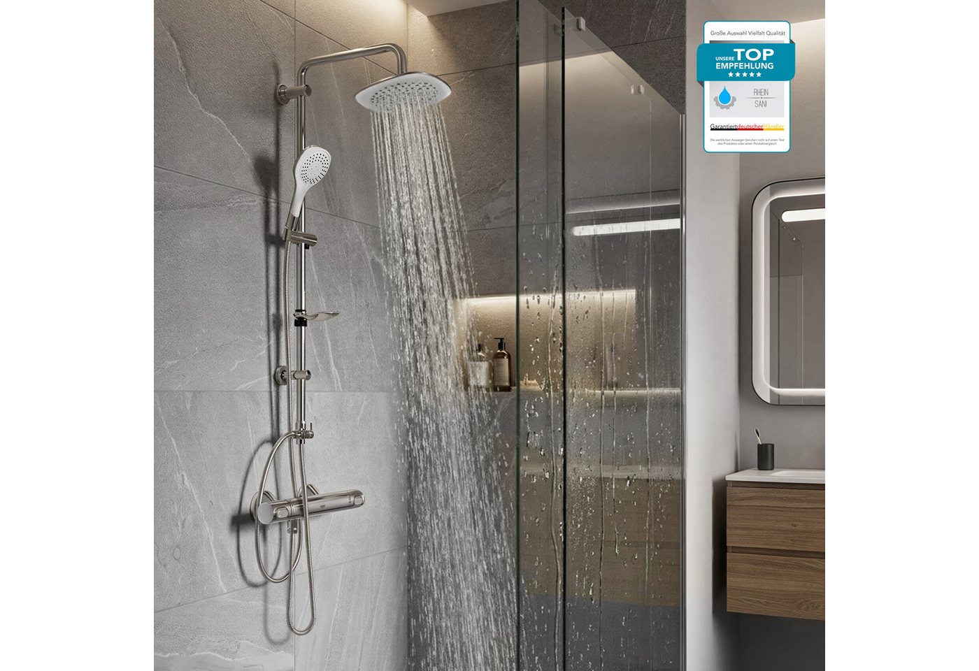 Grohe Duscharmatur Precision Flow Thermostat Set mit Aloni Duschgarnitur 3 Strahl Chrom (Spar-Set) mit Regendusche, 3 Strahlarten mit SafeStop Sicherheitssperre bei 38°