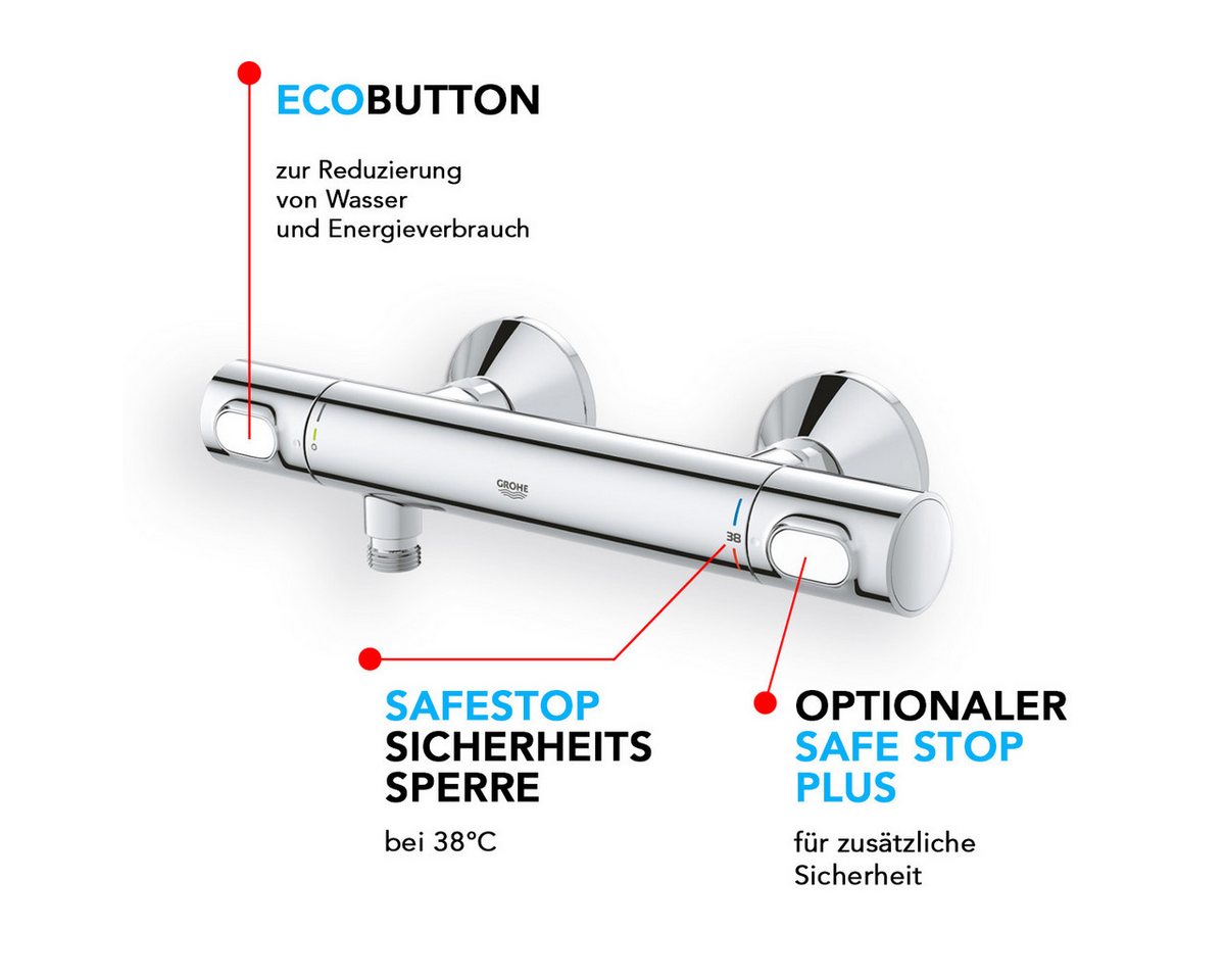 Grohe Duscharmatur Precision Flow Thermostat Set mit Aloni Duschgarnitur 3 Strahl Chrom (Spar-Set) mit Regendusche, 3 Strahlarten mit SafeStop Sicherheitssperre bei 38° Bild 2